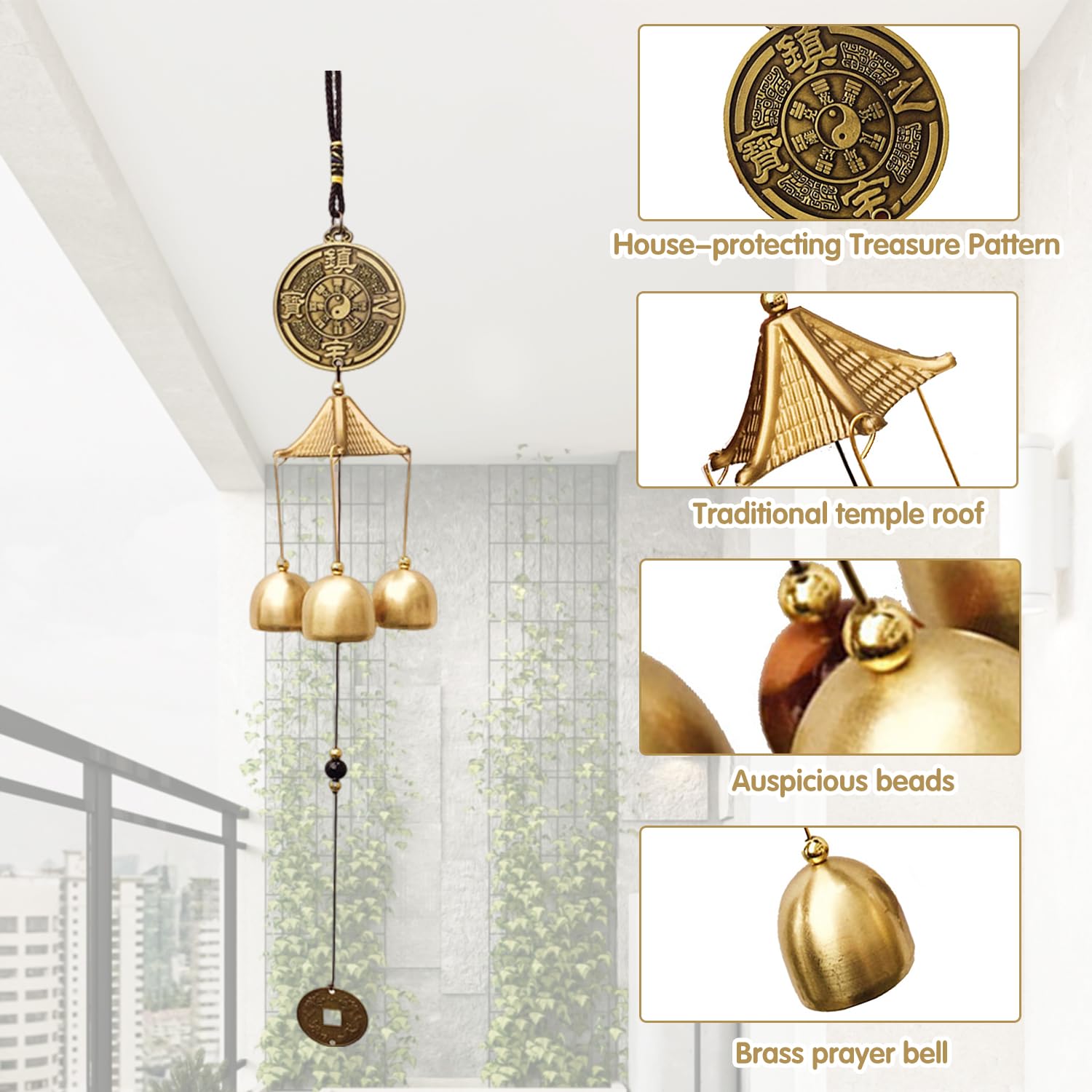 Feng Shui Campana a Vento Vintage in Metallo,Metallo Cinese Tradizionale Vento Carillon,Bless Wind Chime Campana Appendere Vintage Fengshui Campanelli per Casa e Giardino Appeso Fortuna
