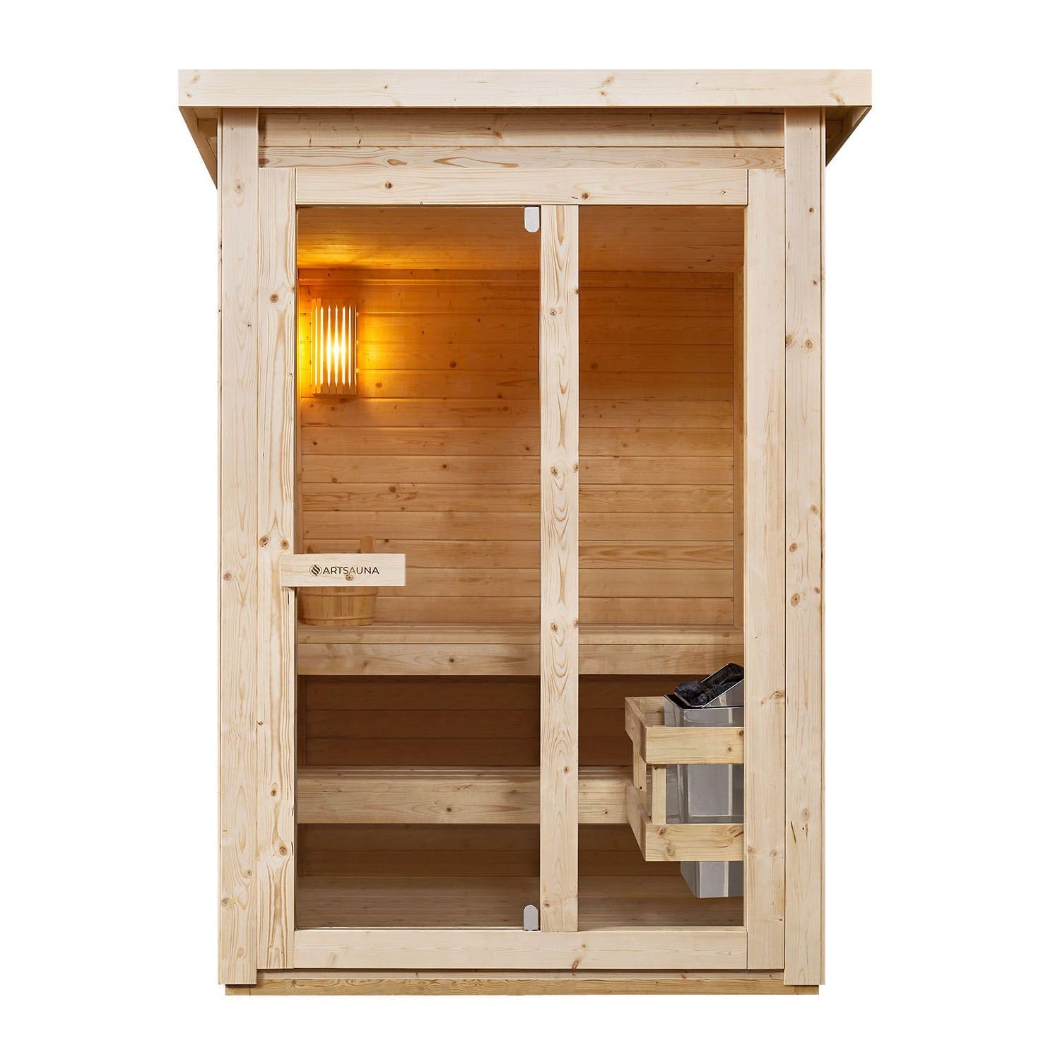 Artsauna Varberg Gartensauna 145 x 150 cm 4,5 kW Ofen Fichtenholz Outdoorsauna für 2 Personen Komplettset