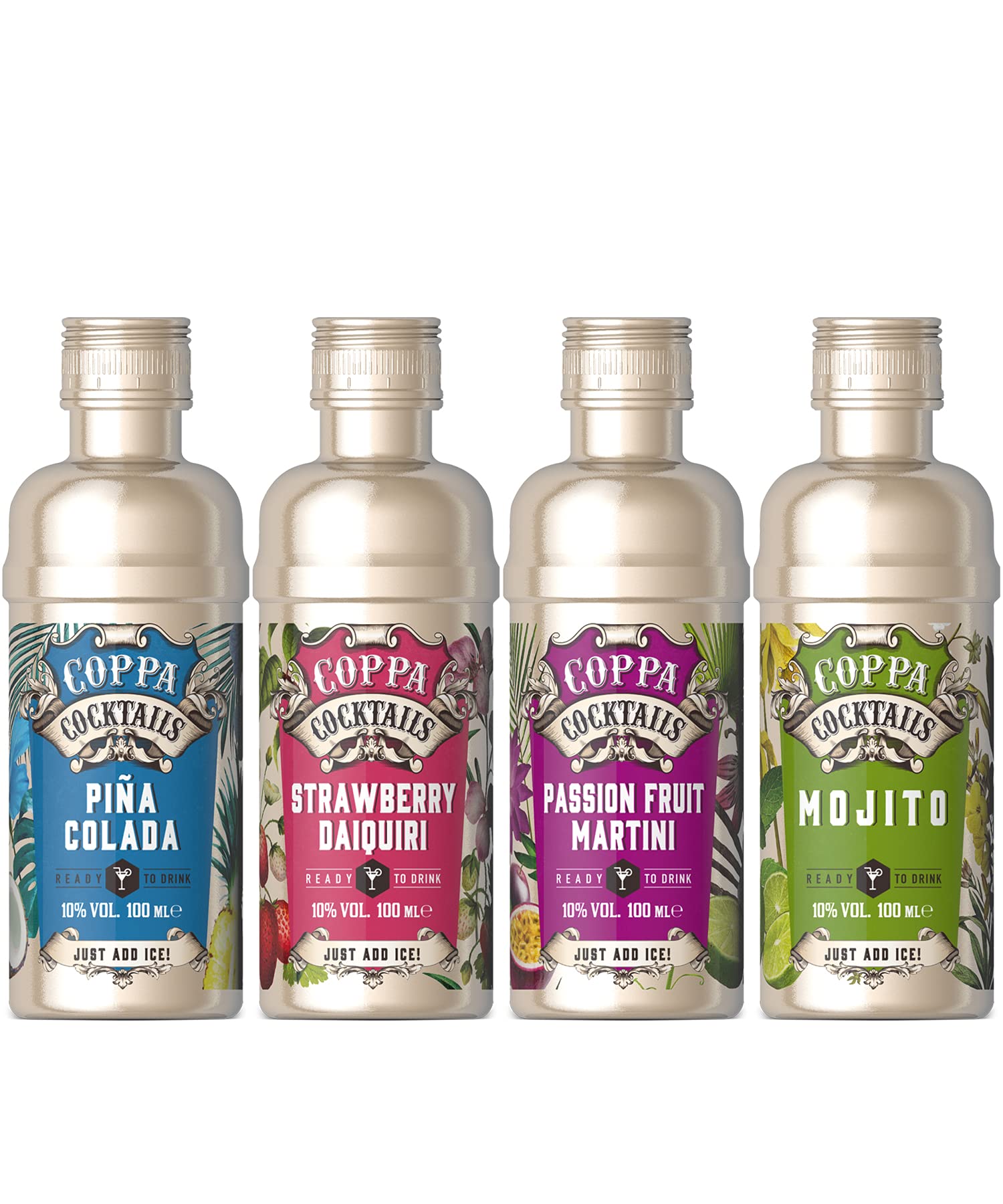 Premium Ready-to-Drink Mini Coppa Cocktails – Mojito, Strawberry Daiquiri, Pina Colada & Passion Fruit Martini (Pack of 4) | Cocktail Gift Set for Parties & Gifting