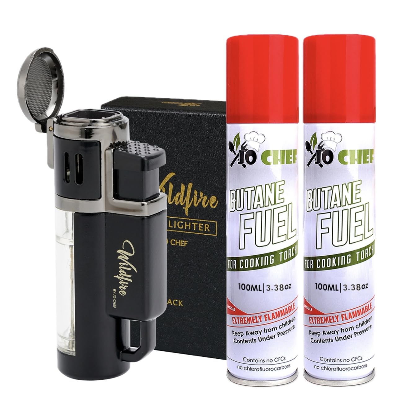 Jo Chef Butane Torch Lighter Quad Flame Jet Black