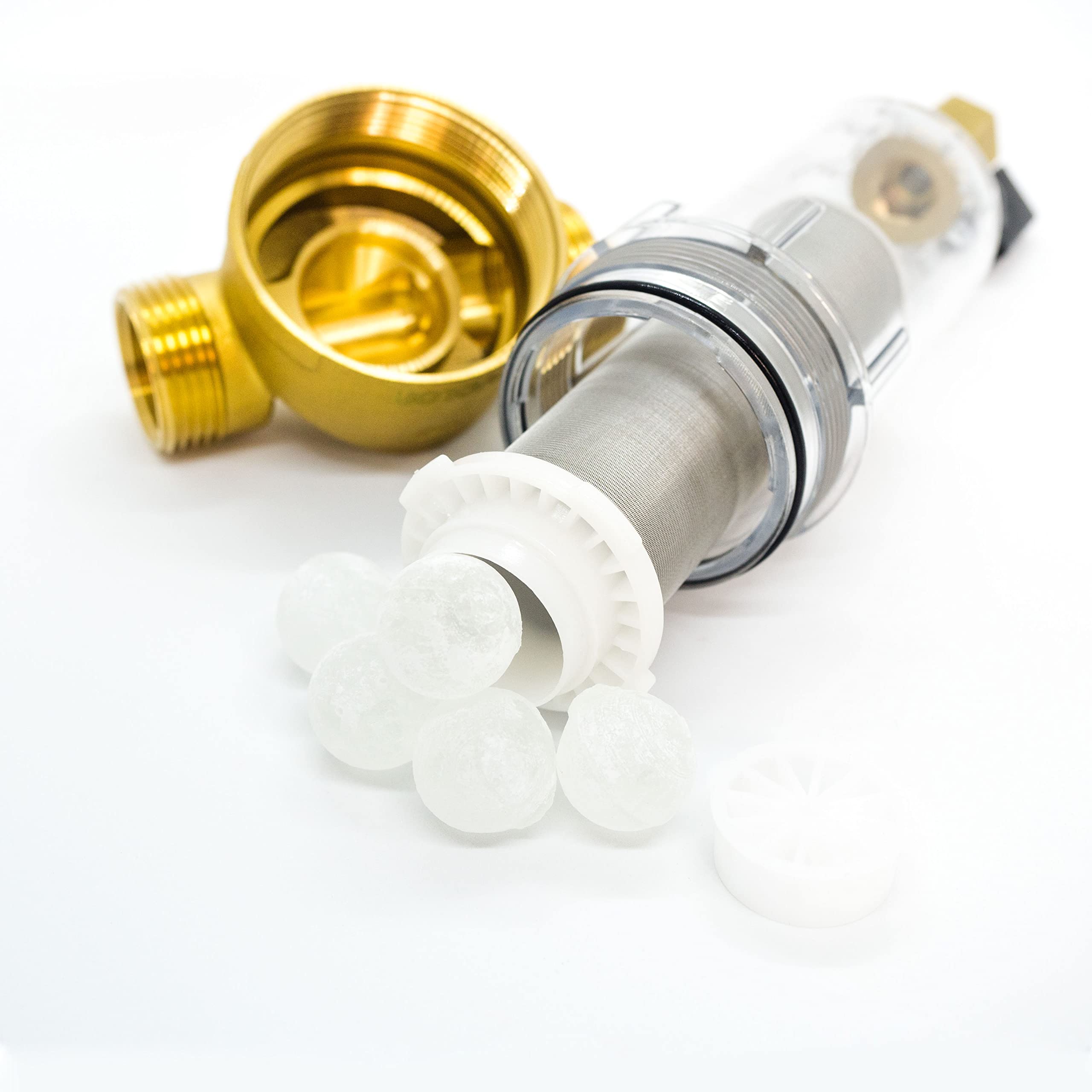 Filtro de agua eficiente y reutilizable para toda la casa con siliphos, prefiltro de 40 micras, MNPT de 1 pulgada + FNPT de 3/4 pulgadas