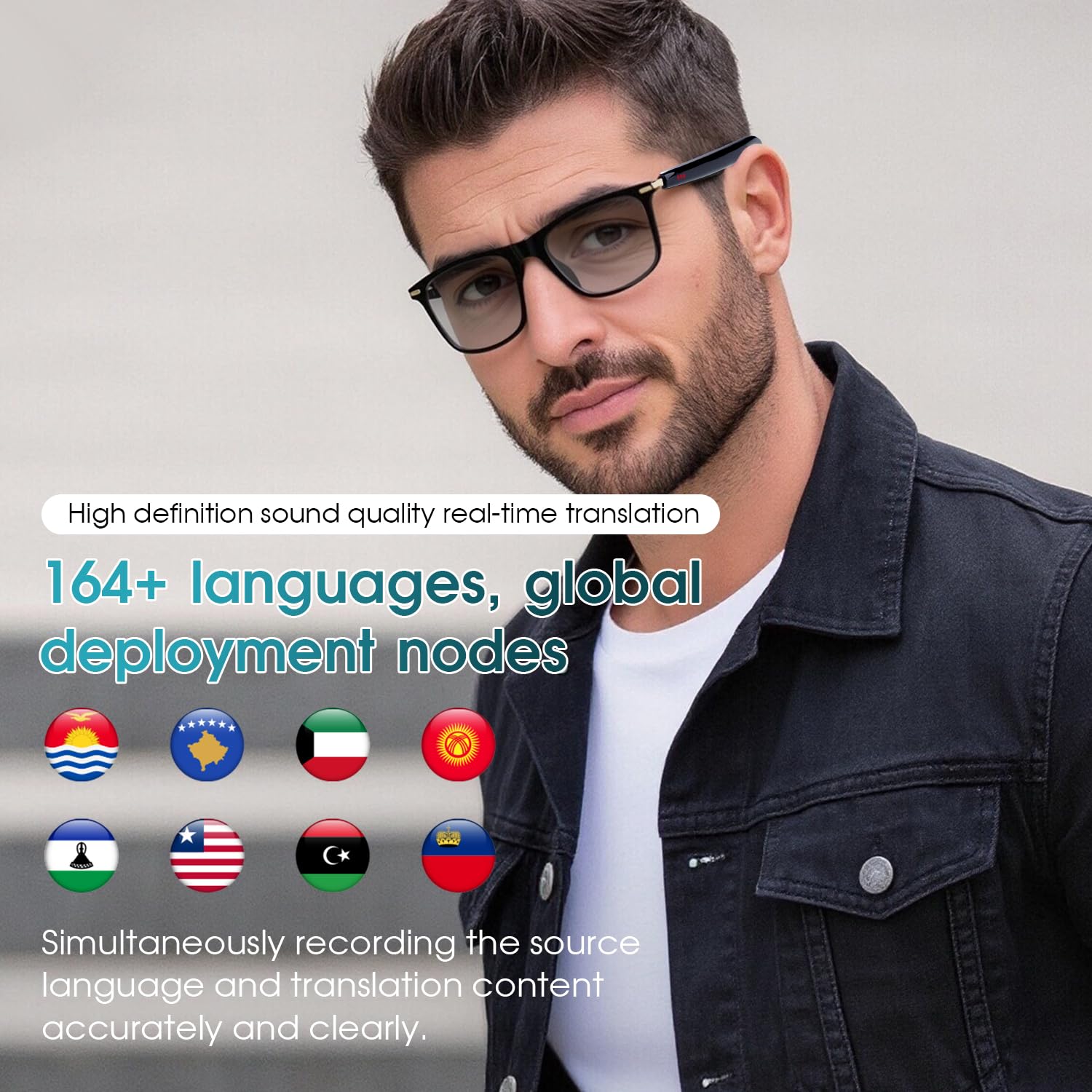 Occhiali intelligenti AI per uomini e donne, supporta oltre 160 lingue, traduzione in tempo reale tramite app, design audio open ear, lenti fotocromatiche, Bluetooth 6.0, occhiali da traduzione per