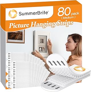 Picture Hanging Strips, Damage Free Hanging Picture Hangers, Picture Hanging Kit, Picture Hanging Hooks Without Nails, Adhesive Tape Wall Strips for Living Room Decor, White 40 Medium Pairs(80 Strips)