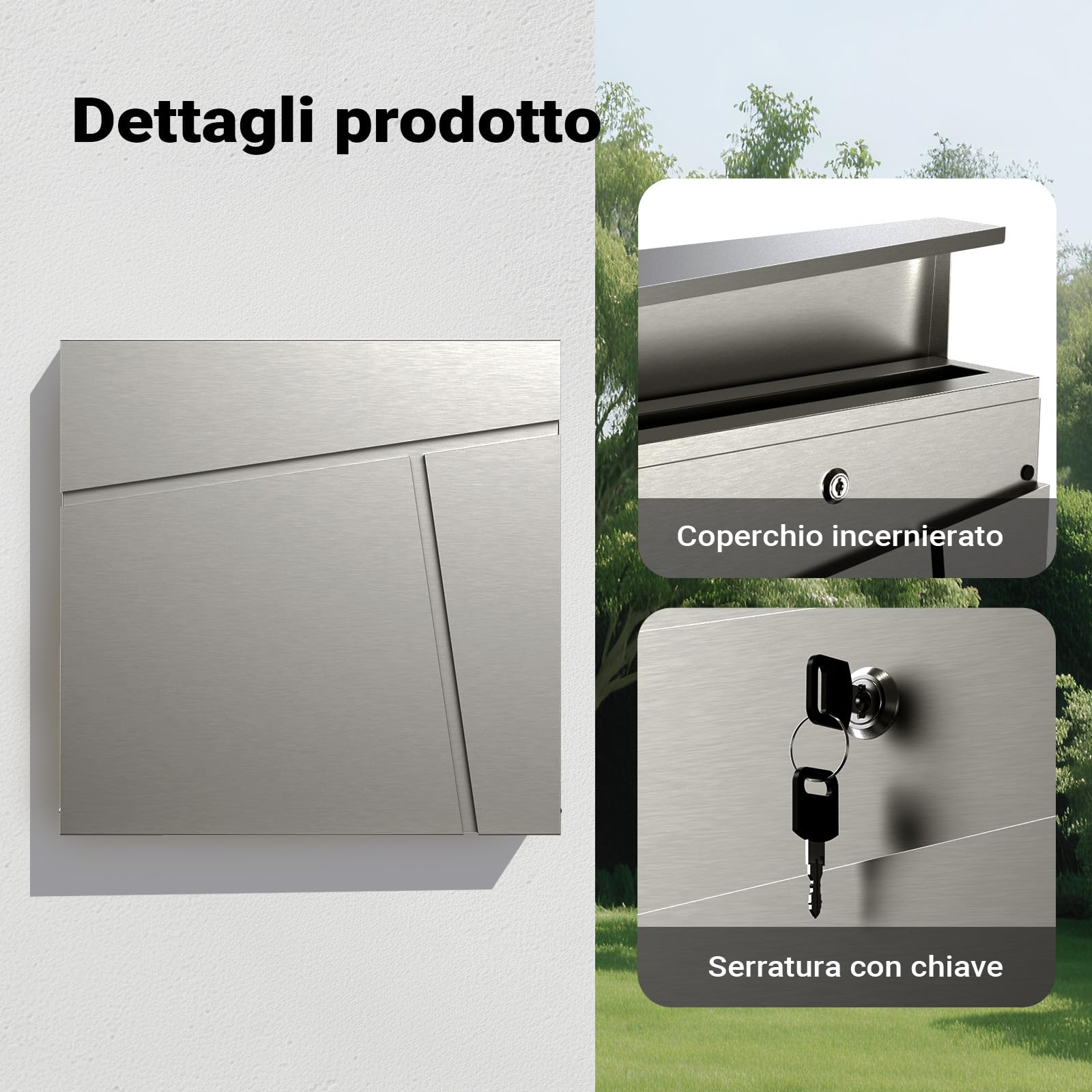 Wiltec Cassetta postale con vano portagiornale V23 acciaio inox 370 x 102 x 370 mm