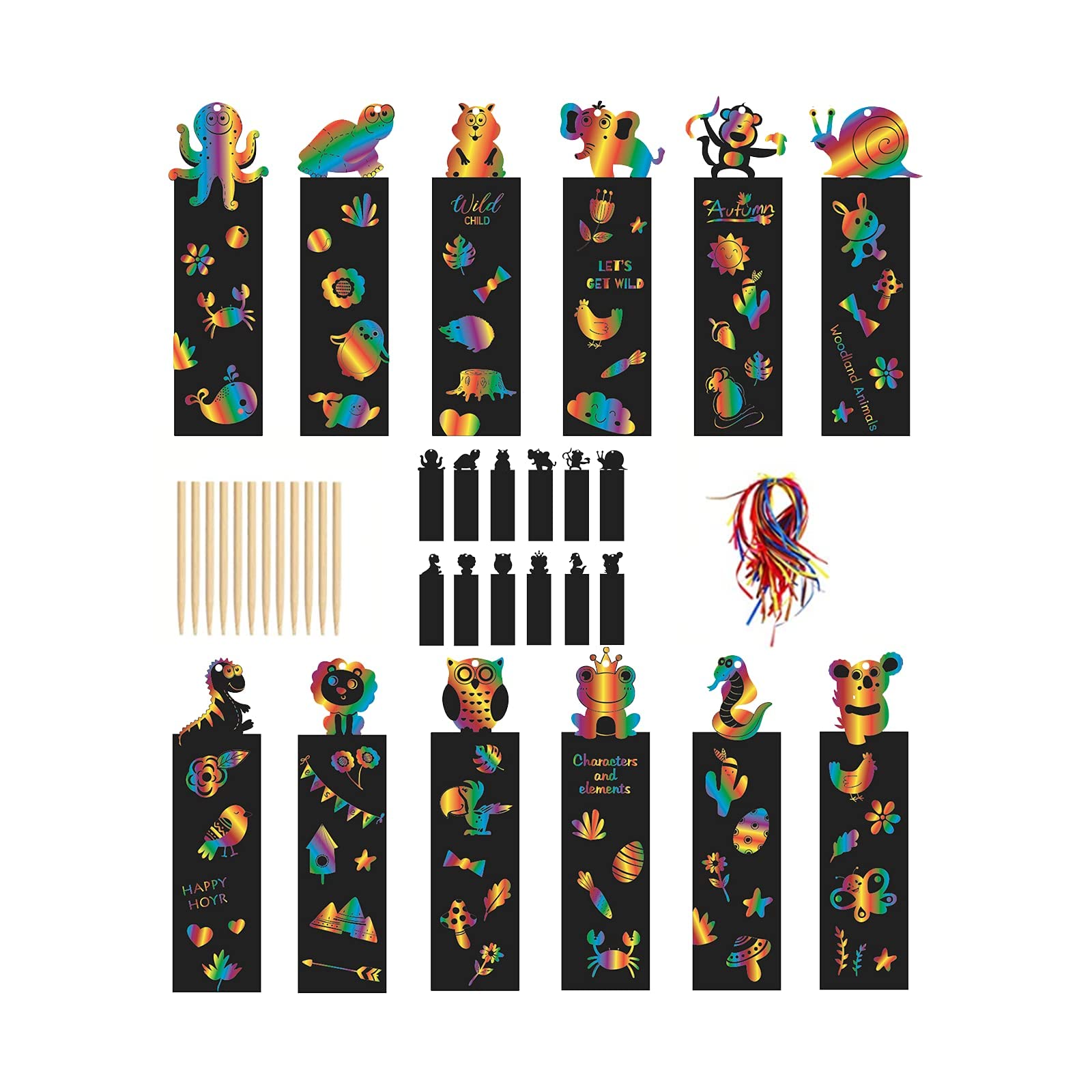 GNAFOTU 24 Set 12 Style Scratch Art for Kids Magic Scratch Rainbow Bookmarks Making Kit DIY Party Favors for Kids with Scratching Tools Colorful Ropes for DIY Crafts Supplies