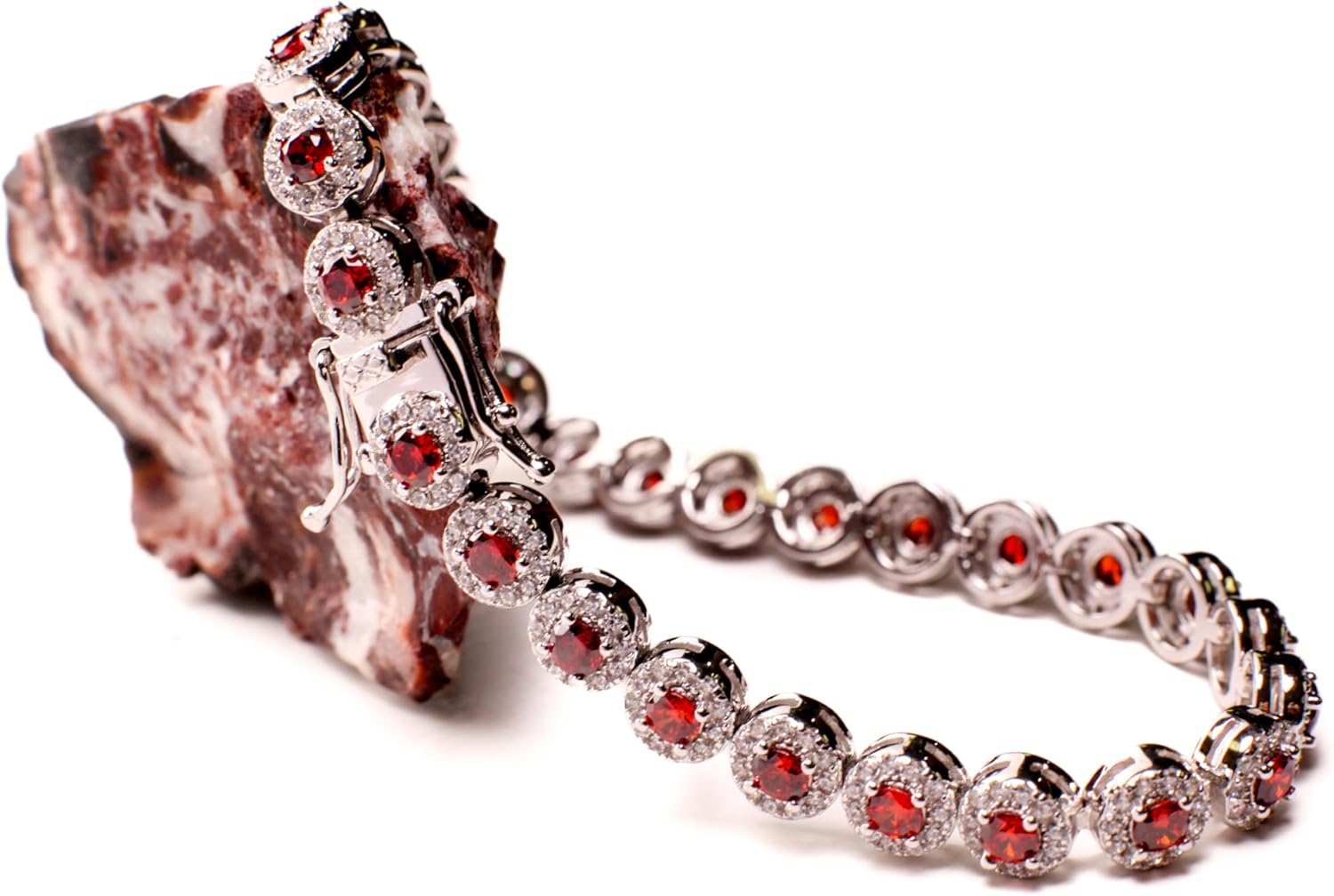 Garnet round shape 6mm CZ Diamond setting 925 Sterling Silver Tennis Bracelet with Double Safety Lock 7" beautiful gift