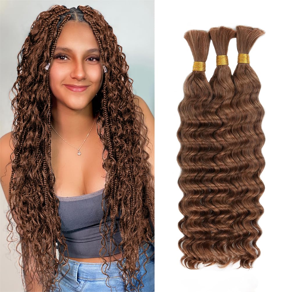 Deep Wave Human Braiding Hair for Boho Braids – 14 Inch 120g 3 Bundles/Pack Auburn Ginger, 100% Unprocessed 12A Brazilian Virgin Hair Bulk, No Weft, Wet & Wavy Curly Knotless Extensions