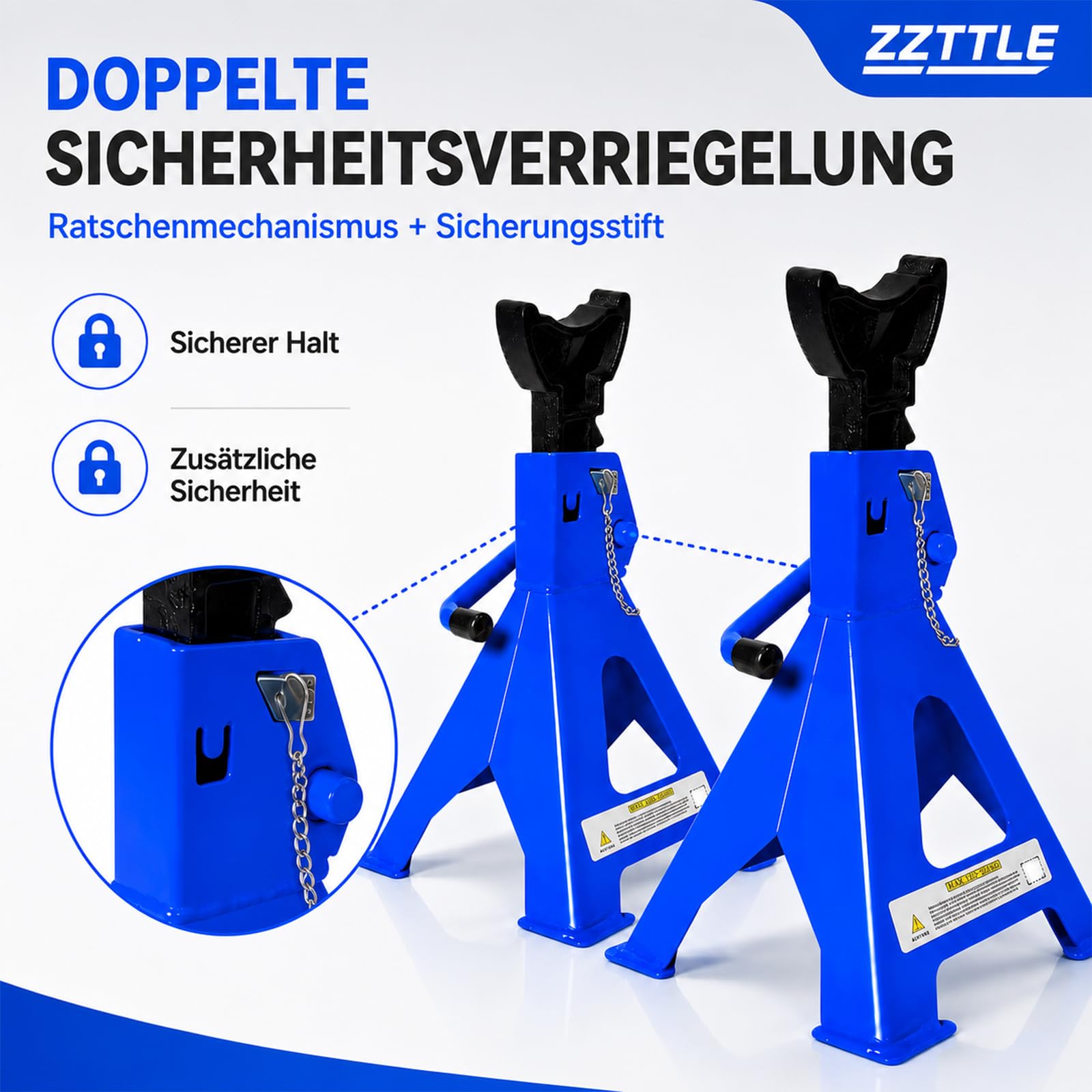 Lot de 2 chandelles avec goupille de sécurité et cric de voiture, capacité de charge de 3 tonnes, en fonte, béquilles de support pour voiture, 9 niveaux de hauteur, réglables en hauteur