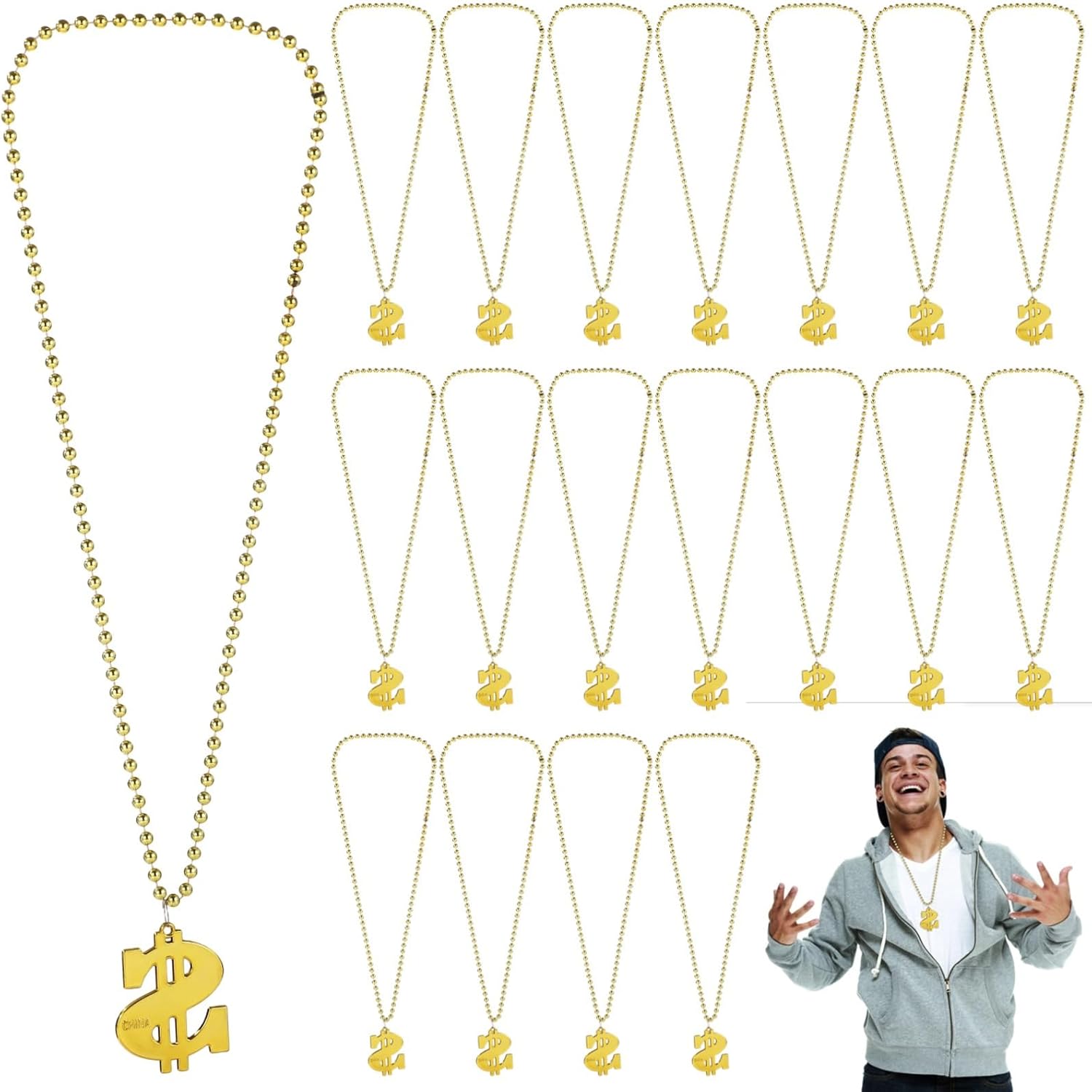 24 Pcs Party Favors: Gold Chain Necklaces With Dollar Sign Pendant, 33 In Long, Fake Gold Chains For Costume Celebrations