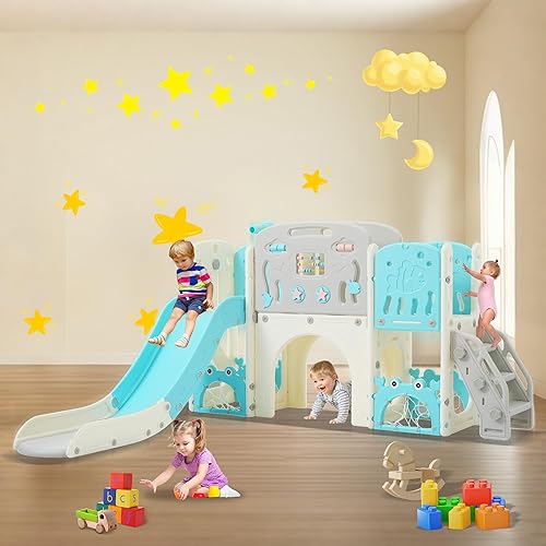 Tobogán infantil 11 en 1, tobogán para niños pequeños de 1 a 3 años con telescopio, aro de baloncesto y telescopio, juego para interiores y