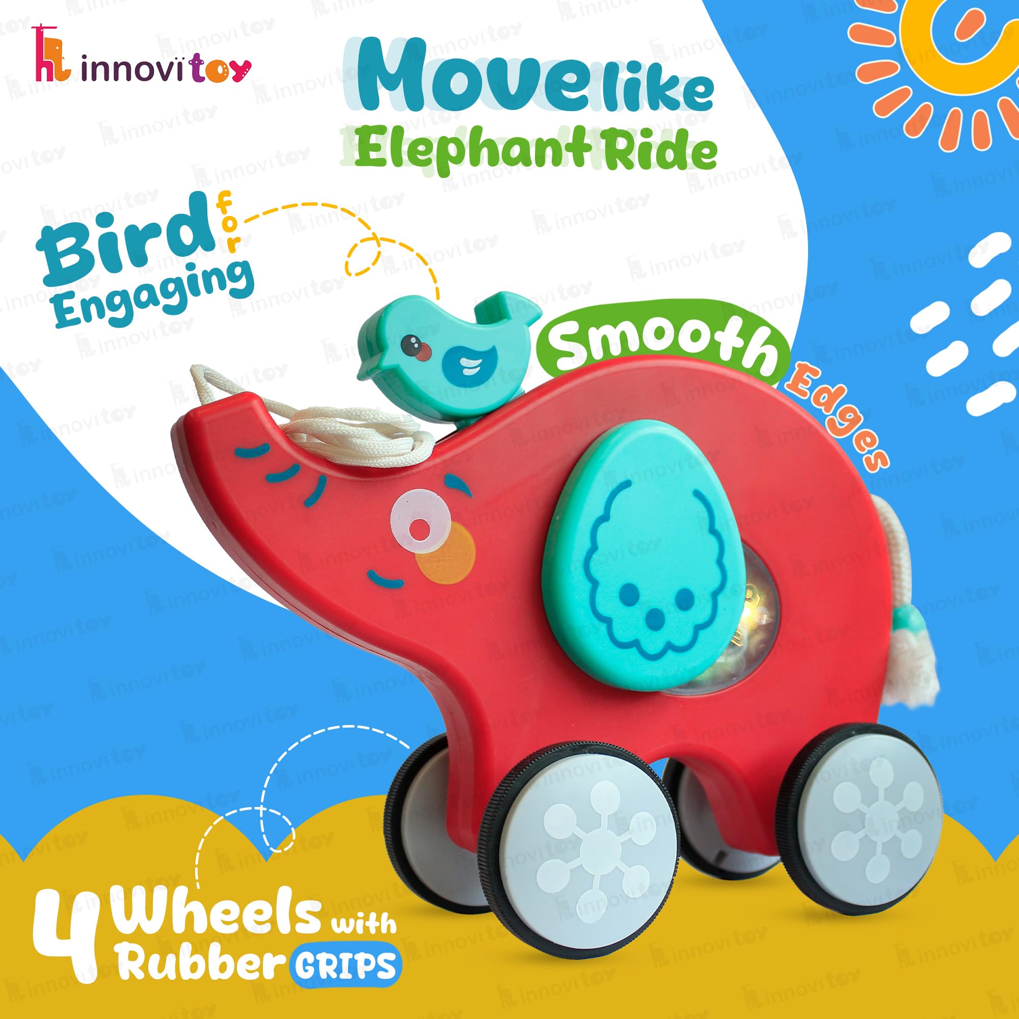 innovitoy Pull Along Elephant Baby Toys 6-12 Months | String Attached Bouncy Motion Toy Encourages Walking | Toy with Music, Light, Rope | BPA Free Toddler Toys Gift Set - Made in India (Red) 1