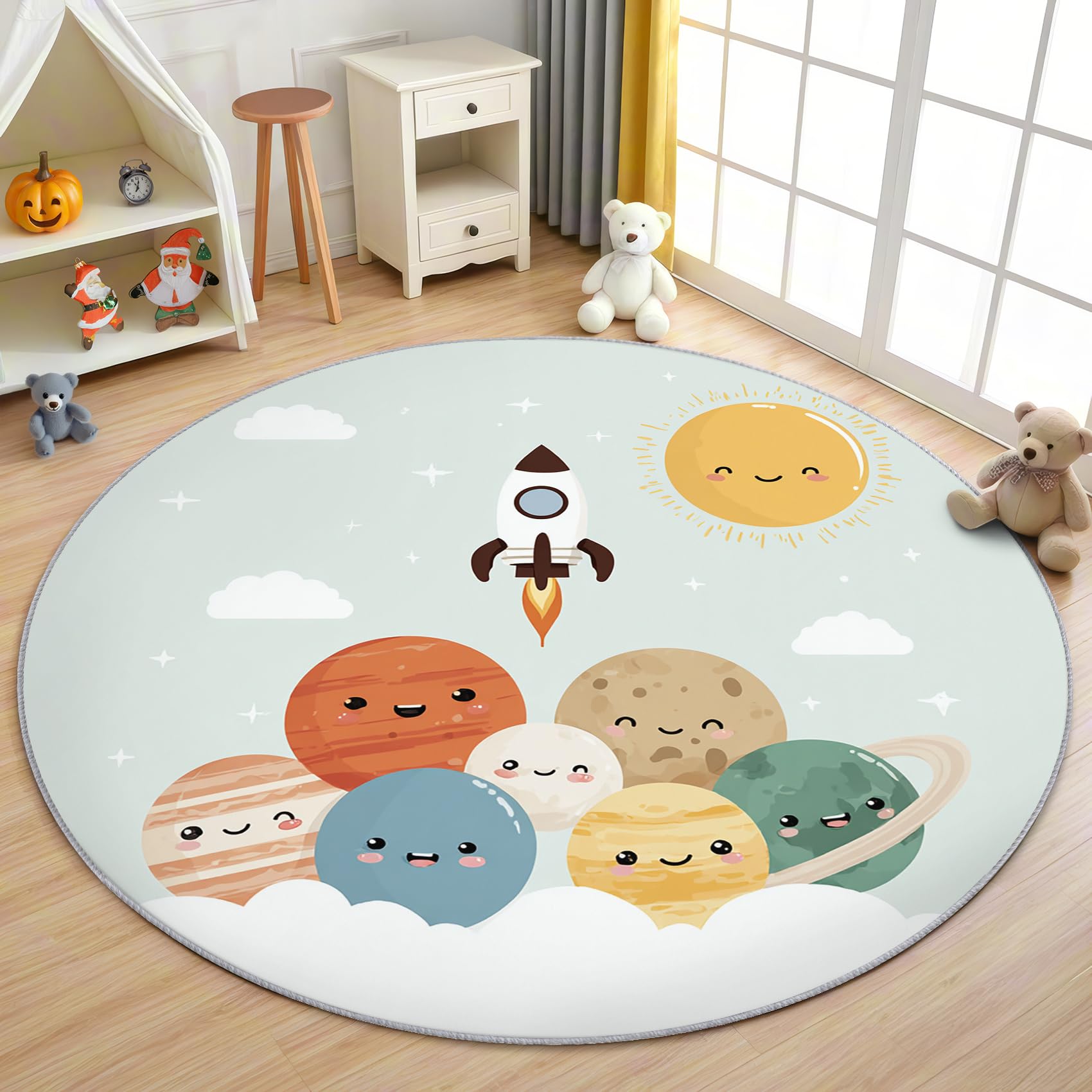 Planeten Teppich Rund 120cm Kurzflor - Waschbare Teppiche Wohnzimmer Kinder Cartoon Raketen Weltall - Runder Teppich 120 Durchmesser Kinderzimmer - Bettvorleger rutschfest Weich