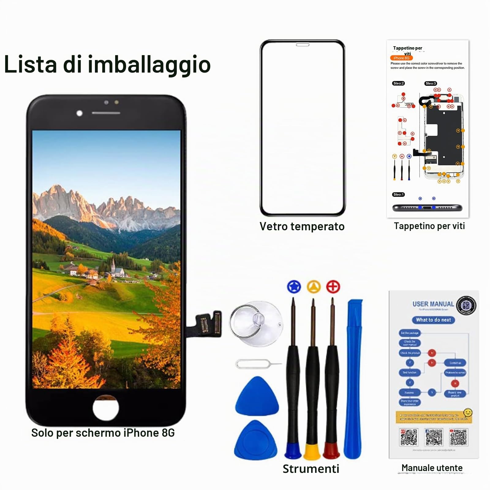 Dinow Display per iPhone 8/SE 2020 Schermo 4.7'' (Nero) Full HD Schermo per iPhone 8G, LCD 3D Touch Display di Vetro+Kit di Attrezzi per Il Modello A2275, A2296, A2298,A1905,A1863,A1906