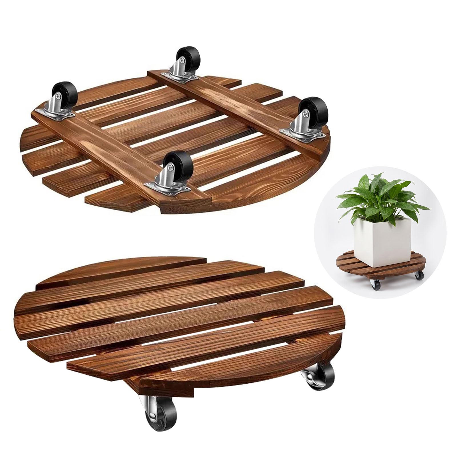 Veebmys 2 Pack Wooden Plant Caddy with Wheels, 12 Inch Heavy Duty Round Plant Stand with 360° Swivel and Lockable Casters, Rolling Plant Dolly for Indoor/Outdoor Large Flower Pots
