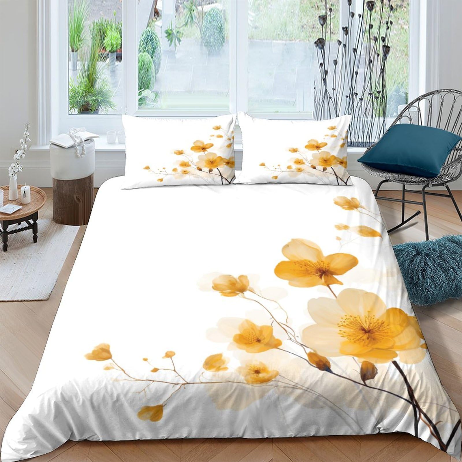 Housses de couettes à fleurs jaunes pour illuminer une chambre double parentale