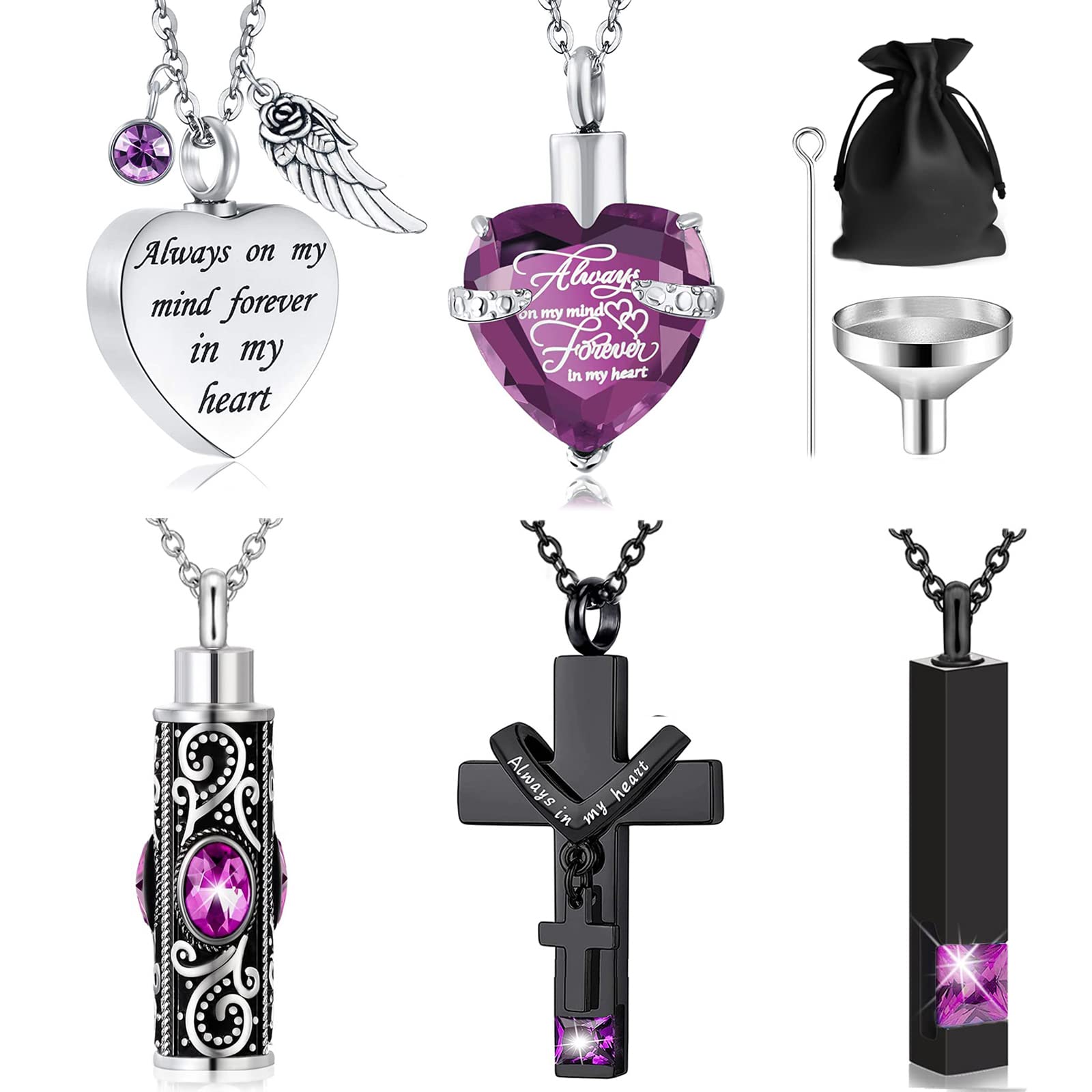 5 Pack Urn Necklace for Ashes, Cremation Jewelry for Ashes, Crystal Heart Cross Cubic Ashes Necklace with Angel Wing, Ashes Keepsake for Men and Women with Small Spoon, Funnel, Velvet Bag