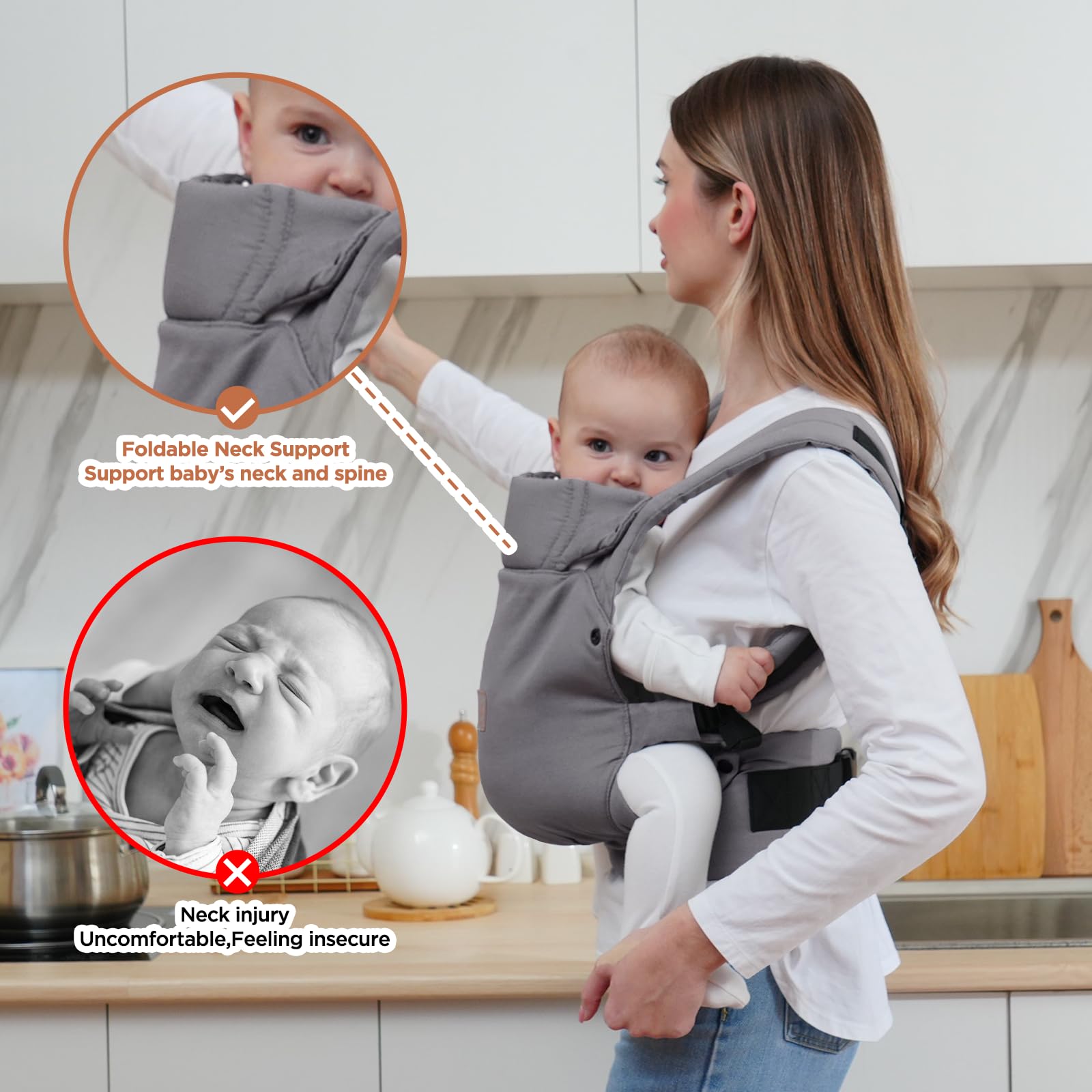 GAGAKU Baby Carier - Portabebés ligero y ergonómico para niños pequeños de 7 a 33 libras, suave y transpirable 4 en 1 con soporte para la cabeza, fácil de llevar, comodidad manos libres, color gris - 5