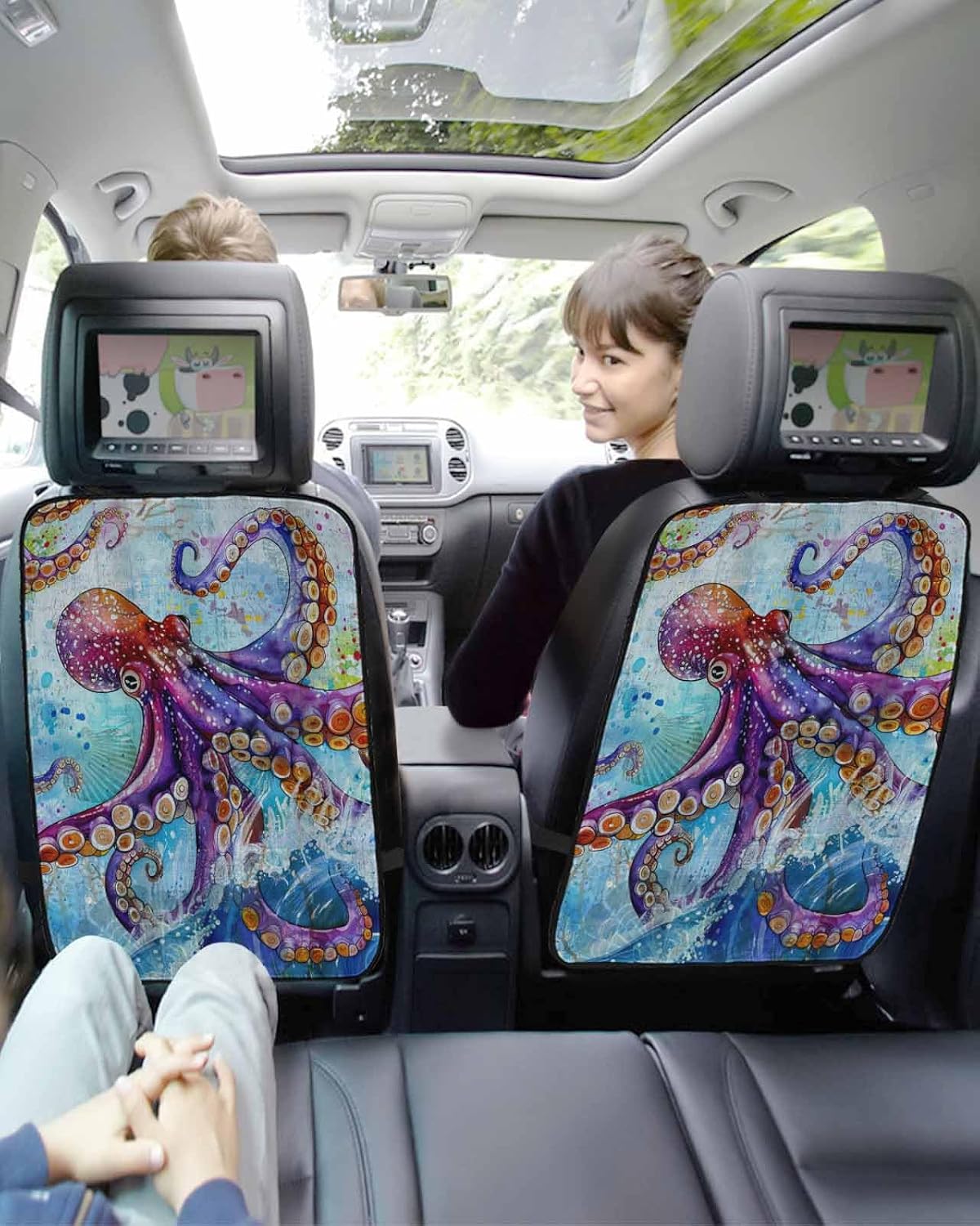 T&H XHome Car Seat Protector, 2 Pack Kick Mats Back Seat Protector Watercolor Summer Ocean Octopus Blue Waterproof Backseat Cover for Kids Universal Fit Automotive Interior Protectors