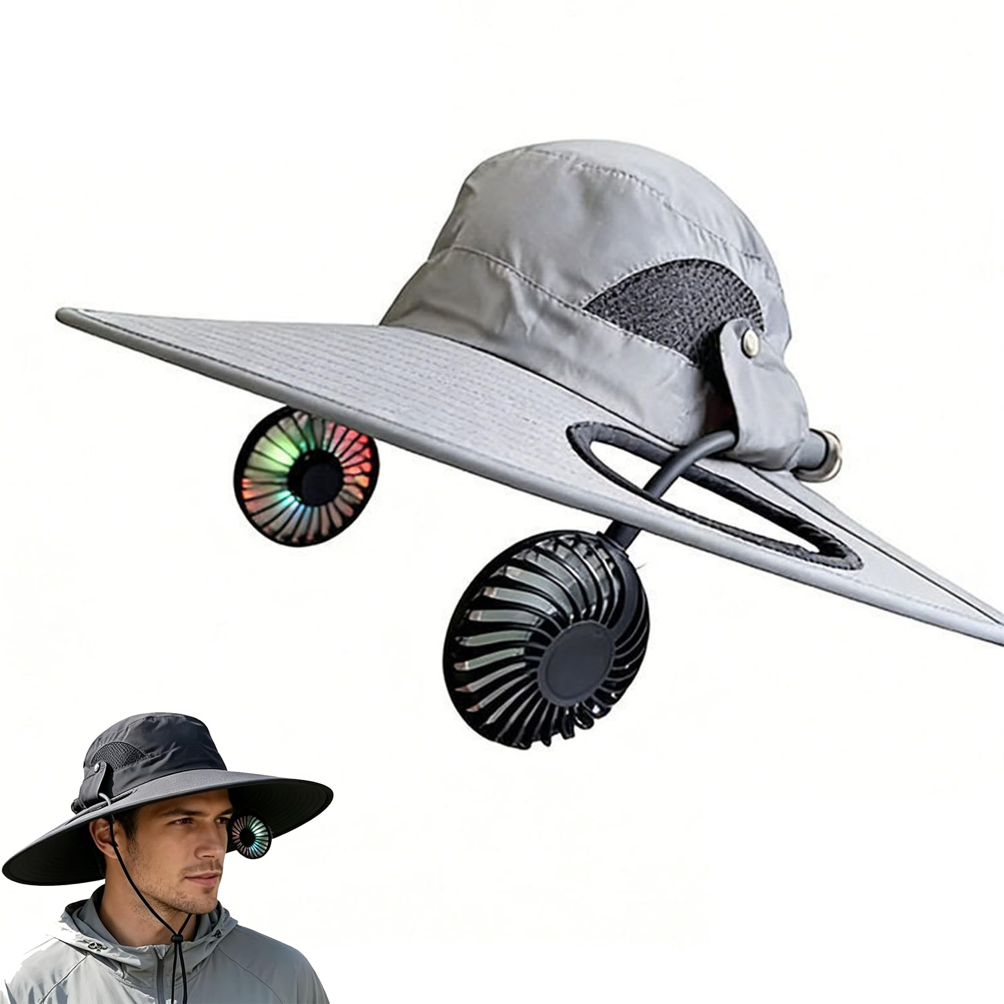 Cappello di raffreddamento 2 in 1 con ventola da collo staccabile, ricaricabile tramite USB a 3 velocità, cappello da sole a tesa larga, per pesca, campeggio, escursionismo, giardinaggio, golf
