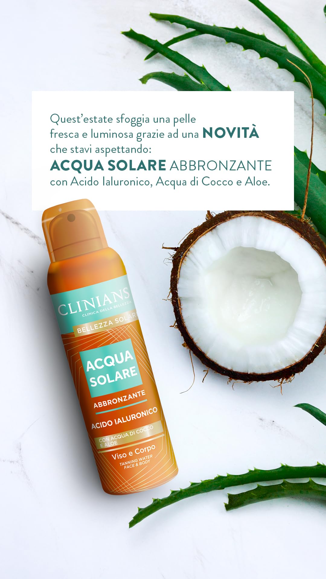 CLINIANS | Acqua Solare Abbronzante Viso & Corpo, con Acido Ialuronico, Acqua di Cocco e Aloe, 150mL