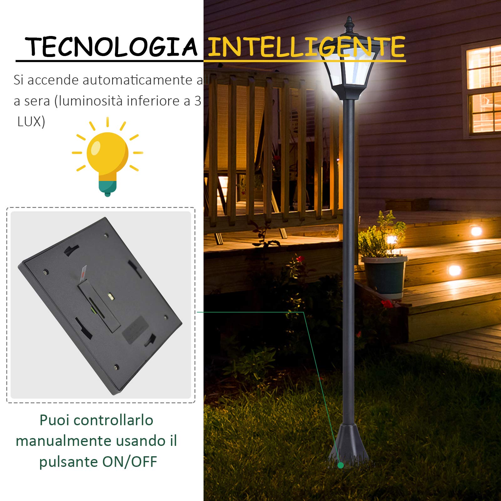 Outsunny Set 2 Lampioncini Solari da Esterno, Lampade da Giardino a Energia Solare Impermeabili IP44, 15x15x120 cm, Nero