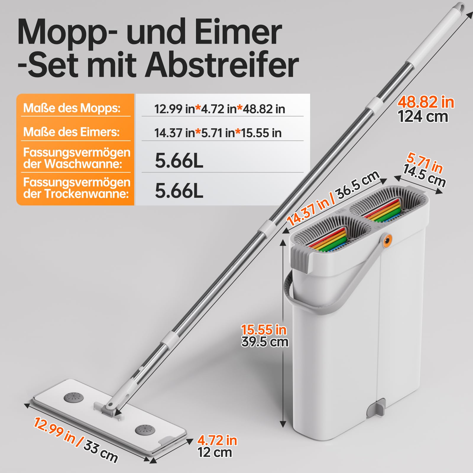 CTIME Kit de serpillère avec seau, seau plat mains libres avec serpillère, kit de nettoyage pour le sol avec 2 serpillères en microfibre, utilisation humide et sèche, système de nettoyage des sols (33