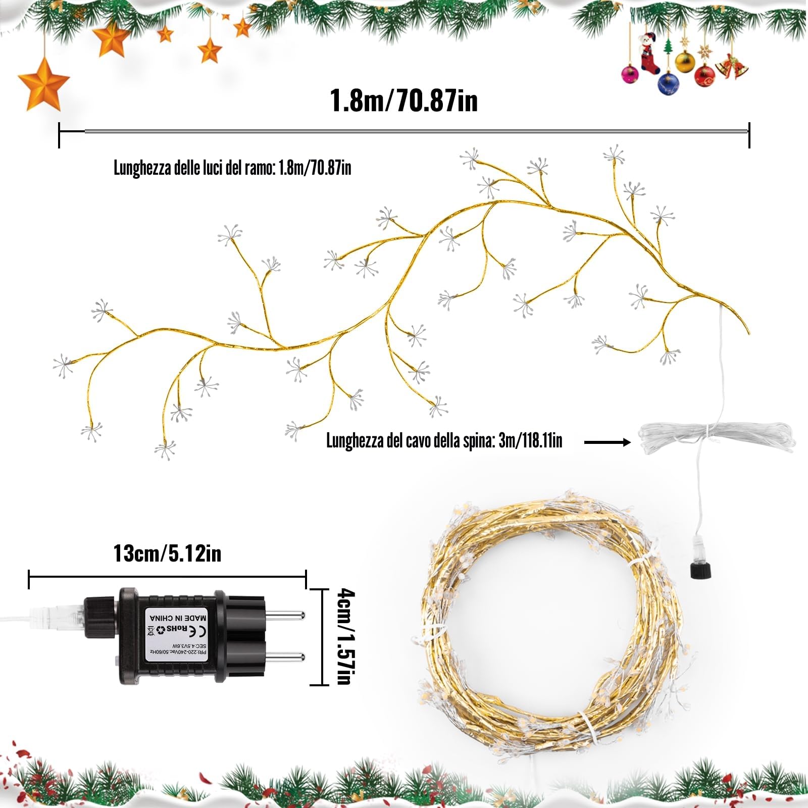 Ghirlanda Luminosa Luci a Fuochi d’Artificio, 8 Modalità Luci Albero con Telecomando e Timer, 288 LED Rami Albero Fai-da-te con Spina, Decorazione da Parete Interna per Camera da Letto e Natale