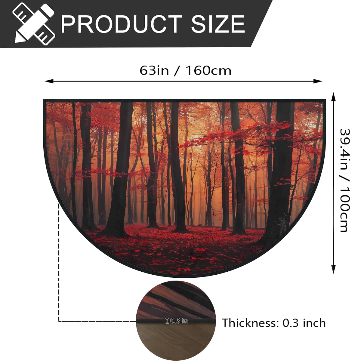 Mexpekil Paillasson demi-lune d'automne en forme de forêt rouge pour intérieur et extérieur, antidérapant, lavable, absorbant, anti-saleté, 100 x 160 cm