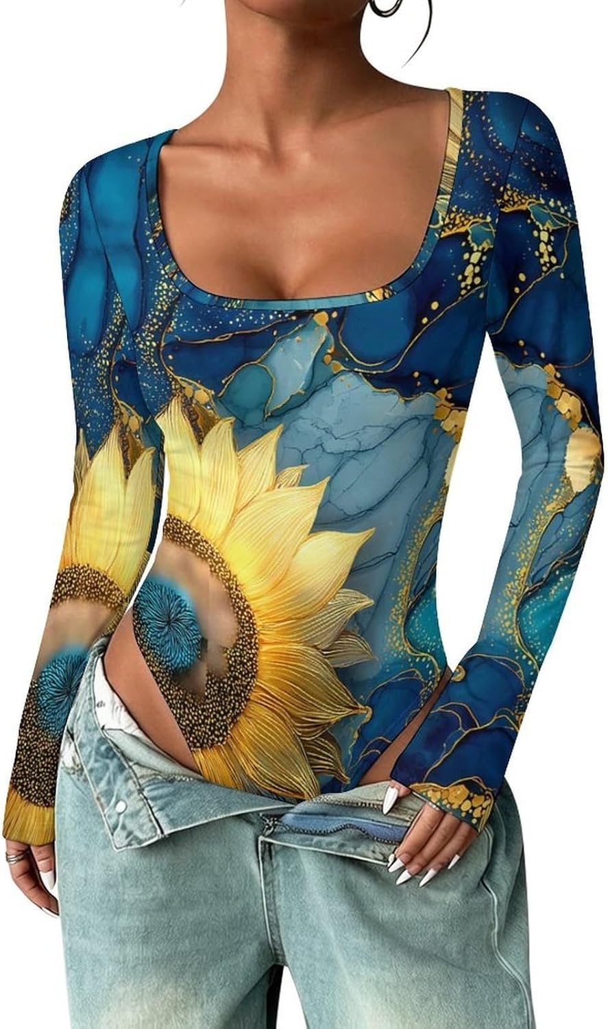 Sunflower Marble Blue Watercolor Women's Bodysuits Long Sleeve Top 5XL