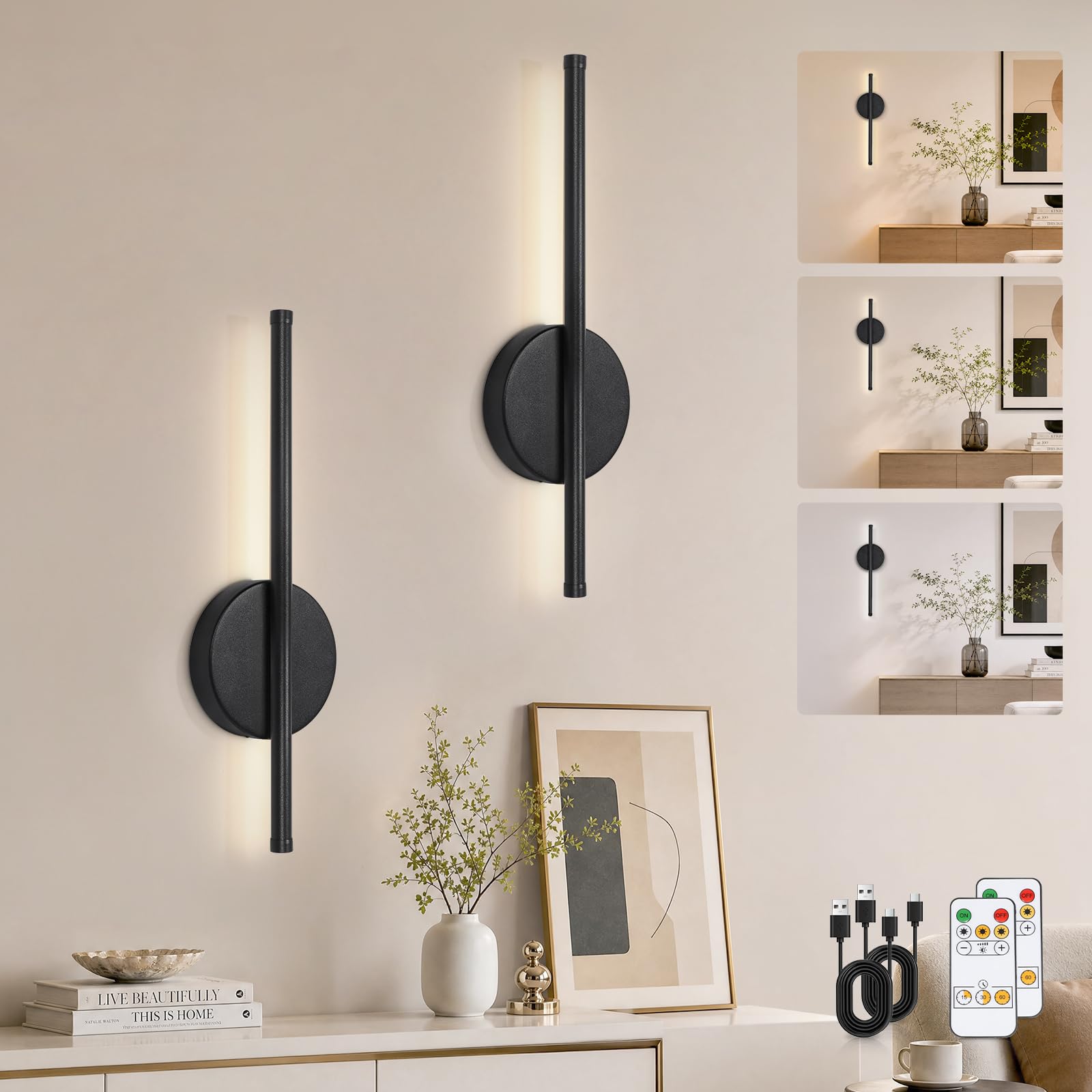 Kimjo 40cm Battery Operated Wall Lights, Modern Rechargeable Wall Lamps, Cordless Wall Sconce with Remote Control, Dimmable Wall Mounted Light Indoor with Timer Function for Bedroom, Hallway, 2 Packs
