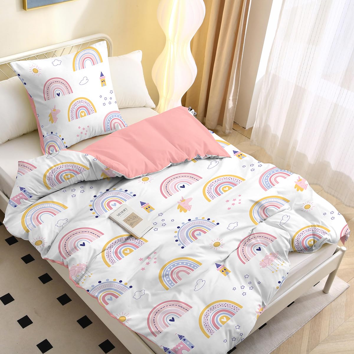 MUSOLEI Set di biancheria da letto 135x200 per bambini con unicorno arcobaleno, ragazza rosa principessa, biancheria da letto in microfibra con stampa 3D cartoon, copripiumino e 1 federa per cuscino