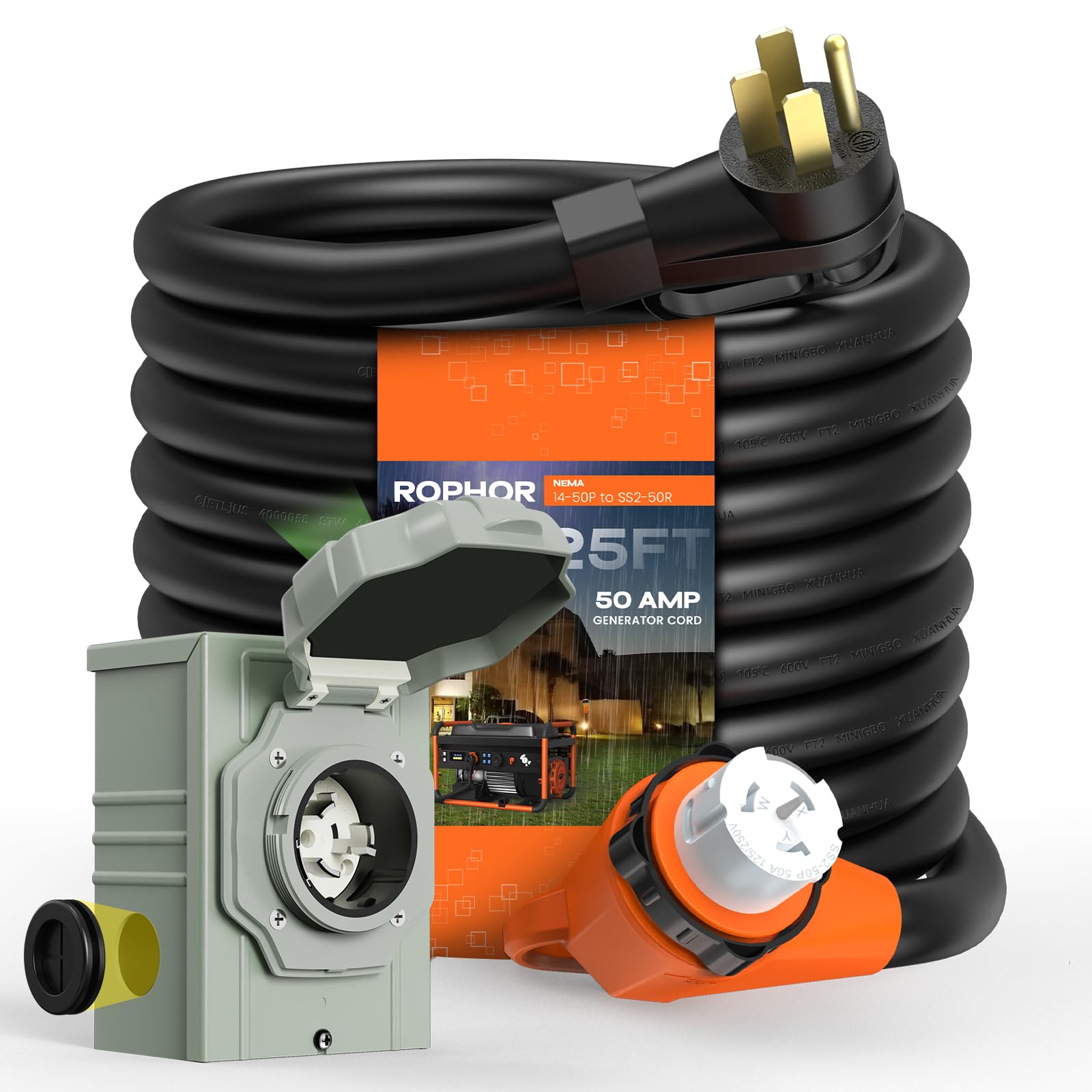 Photo 1 of Rophor 50 Amp Generator Cord and Pre-Drilled Power Inlet Box, 25FT Heavy Duty NEMA 14-50P to SS2-50R Extension Cord Twist Locking with Inlet Box, 125/250V, 12500W, ETL Listed for Outdoor Emergency Kit