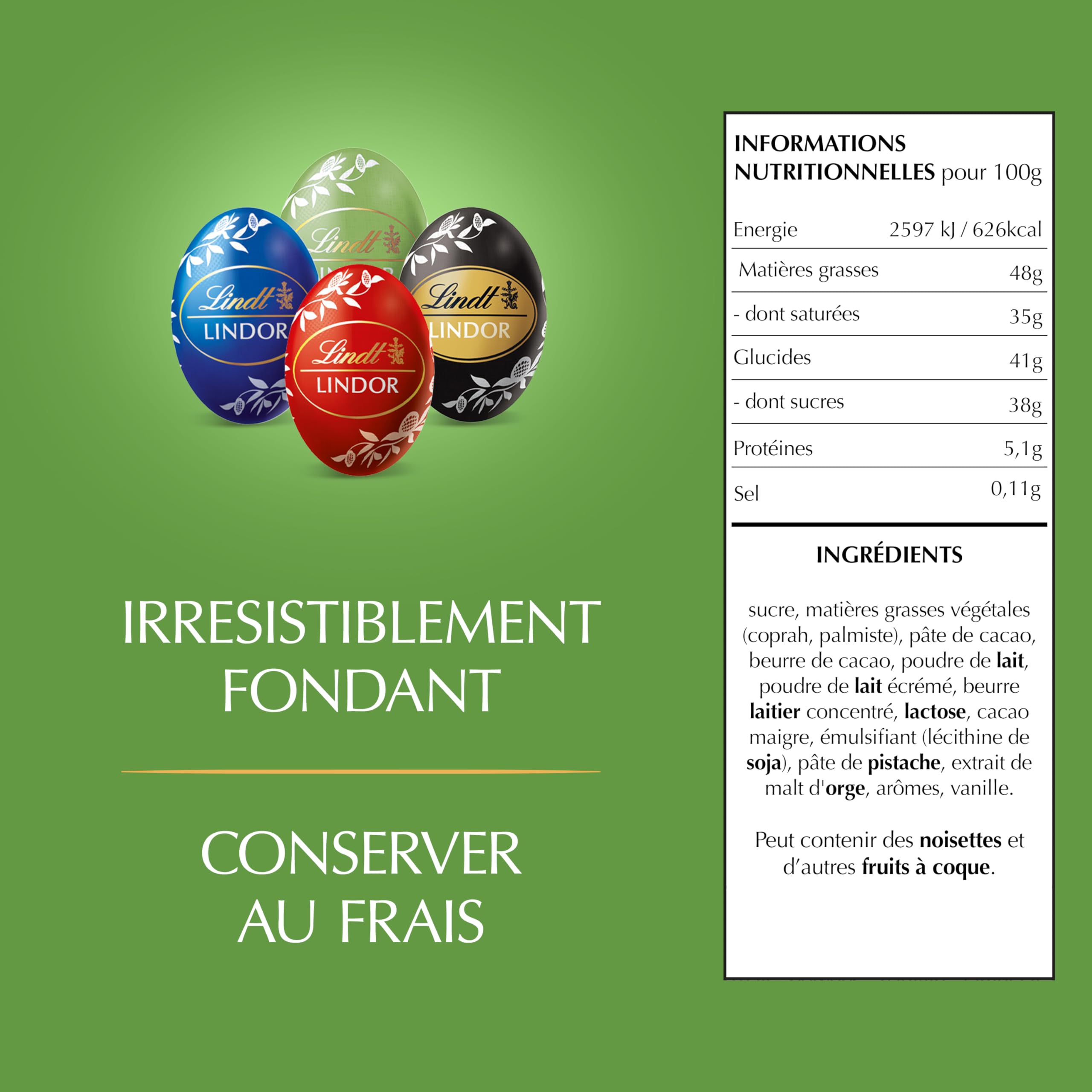 Lindt - Sachet d'Œufs LINDOR - Assortiment de Chocolats au Lait, Noir 45%, Noir 70%, Pistache - Idéal pour Pâques, 180g