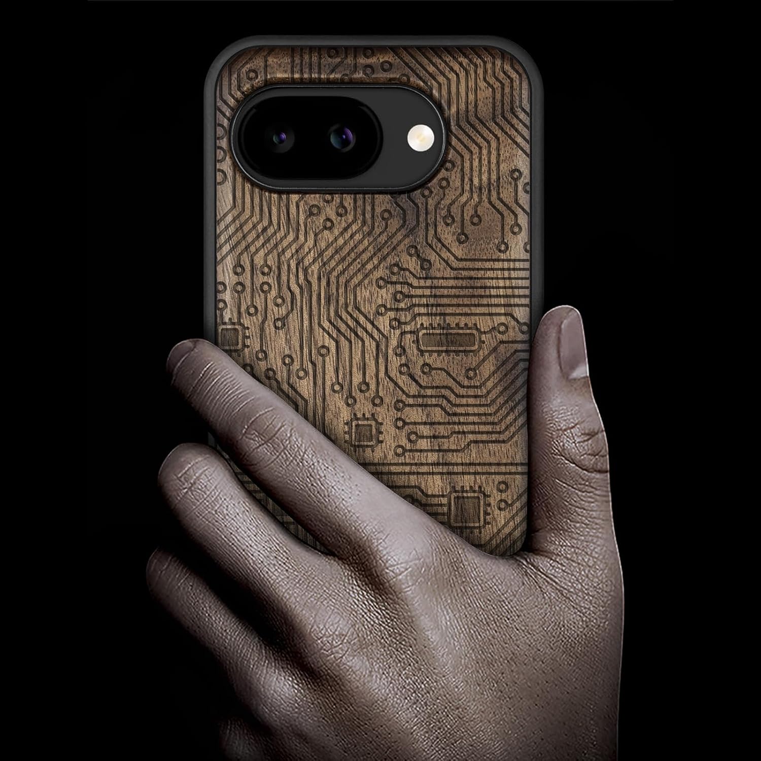 Carveit Magnetic Wooden Case for Google Pixel 10a Case, Wood Artisan Engraved & Soft TPU Shockproof Cover, Compatible with MagSafe Wireless Chargers (Abstract Motherboard Linework Art) Walnut