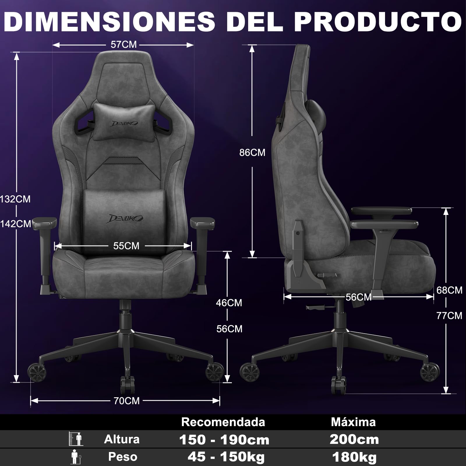 Devoko Silla Gamer Ergonómica para Oficina y Ordenador, Gamuza Suave, Reposabrazos 3D, Espuma Moldeada, Cojín Lumbar Ajustable, Base Metálica Fuerte, 180 kg, Gris Carbón