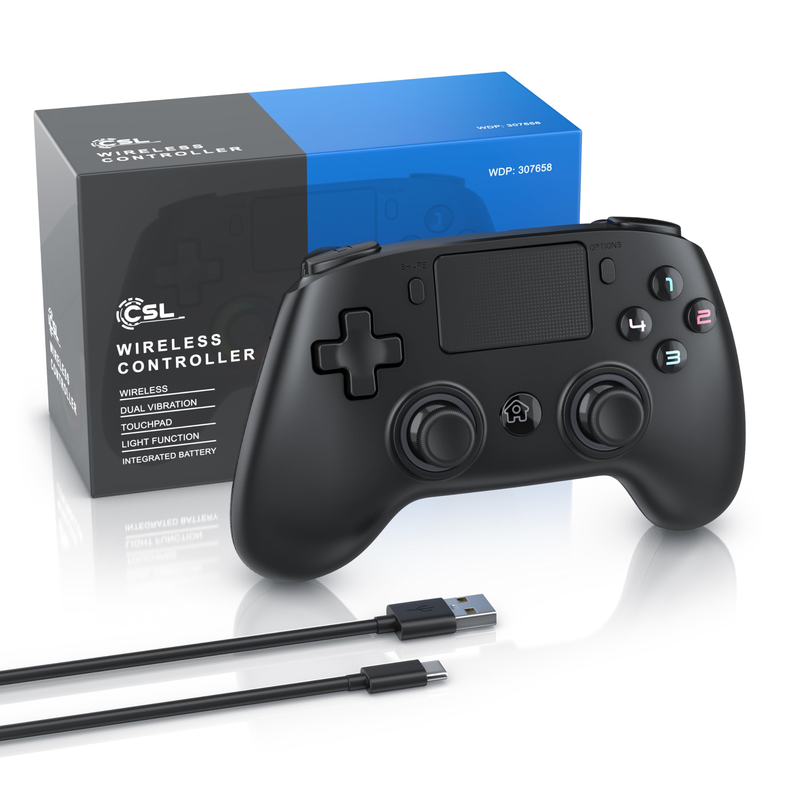 CSL - Wireless Gamepad für PC und PS4 - PC Anschluss - Wireless Controller - Dual Vibration - Headset Ausgang - Turbo Funktion - Touchpad - Share-Taste - M-Taste für freie Belegung