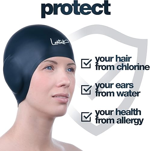 Miniatura 20 de Gorras de natación 3D – Gorra de natación con protección para los oídos para mujeres y hombres – Silicona, impermeable – Se adapta a cabello largo