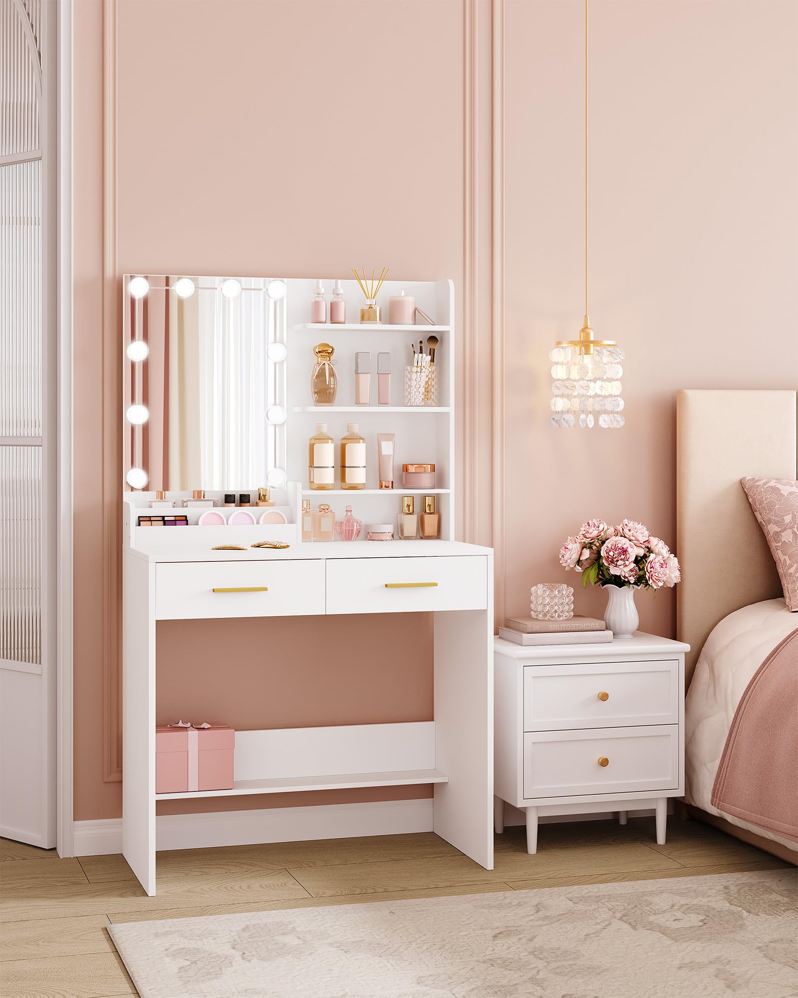 Hzuaneri Toeletta con Lampadina, Tavolo da Trucco, Vanità Per Il Trucco con 4 Ripiani Aperti e 2 Scomparti, Tavolino da Toeletta con 2 Cassetti, Bianco DT39203X