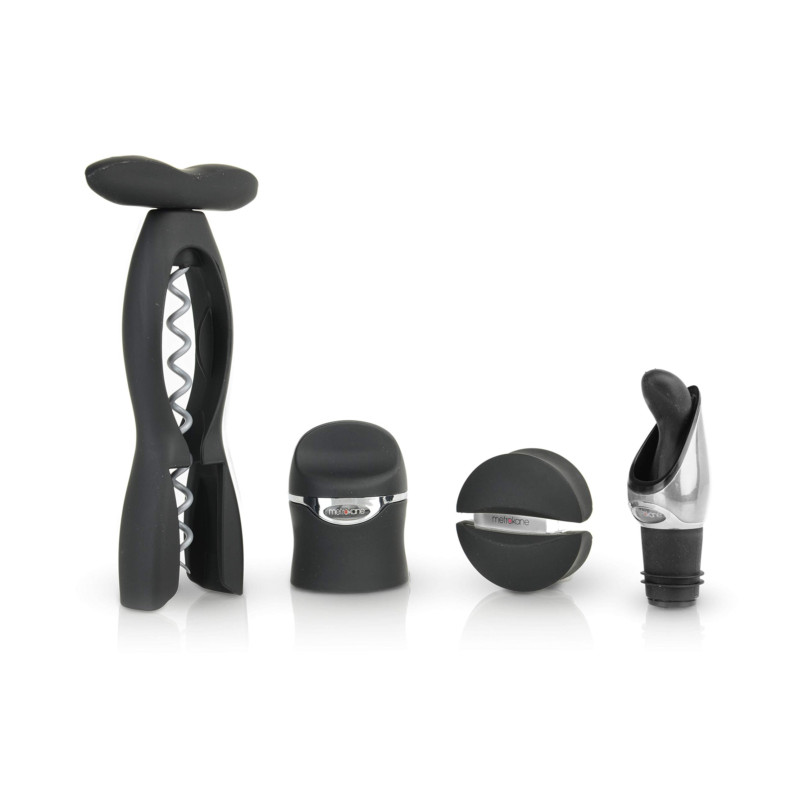 Rabbit Black Wine Accessories Gift Set, 4 Piece Wine Kit Including Corkscrew, Foil Cutter, Champagne Sealer And 2-In-1 Pourer And Stopper,