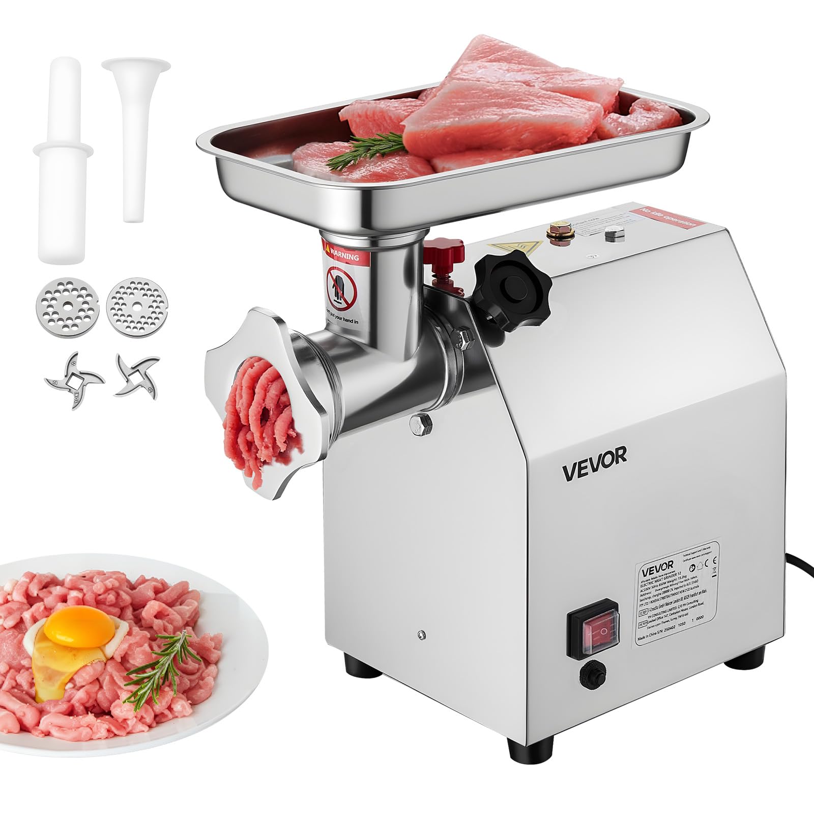 VEVOR Picadora de Carne Eléctrica de Encimera con Cuchilla, Capacidad de 3,​2 kg/​min, Placa de Molienda, para Hacer Salchichas, Acero Inoxidable, para Cocina y Restaurante, 375 x 240 x 420 mm