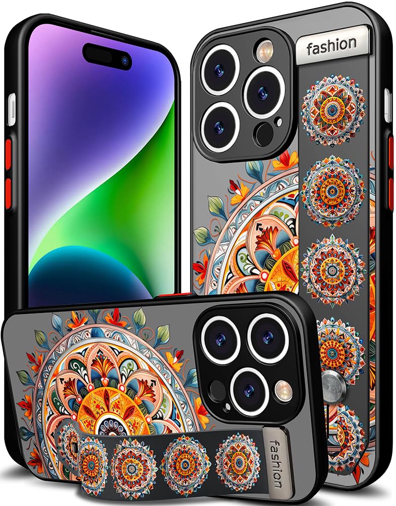 CislandCompatible with iPhone 15 Pro Case Cute with Strap Stand Finger Kickstand, Designer Silicone Cover for Women Girls Flower Mandala Circle East