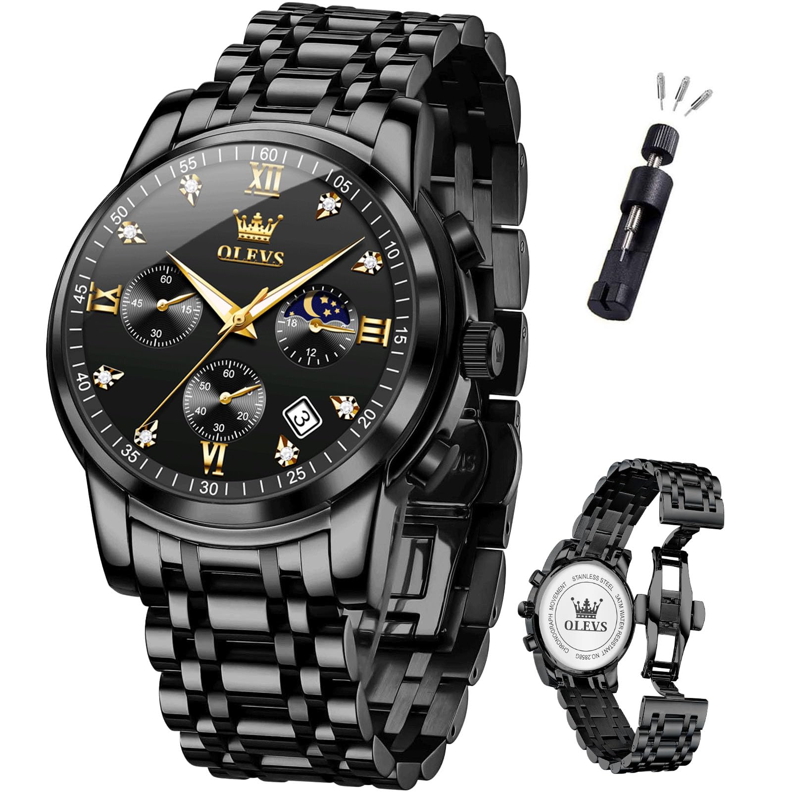 OLEVS Watch Men Luxury Fashion Watches for Men Classic Large Face Stainless Steel Waterproof Mens Watches Analog Quartz Fancy Dress Date Moon Phase Wrist Watch Relojes para Hombres