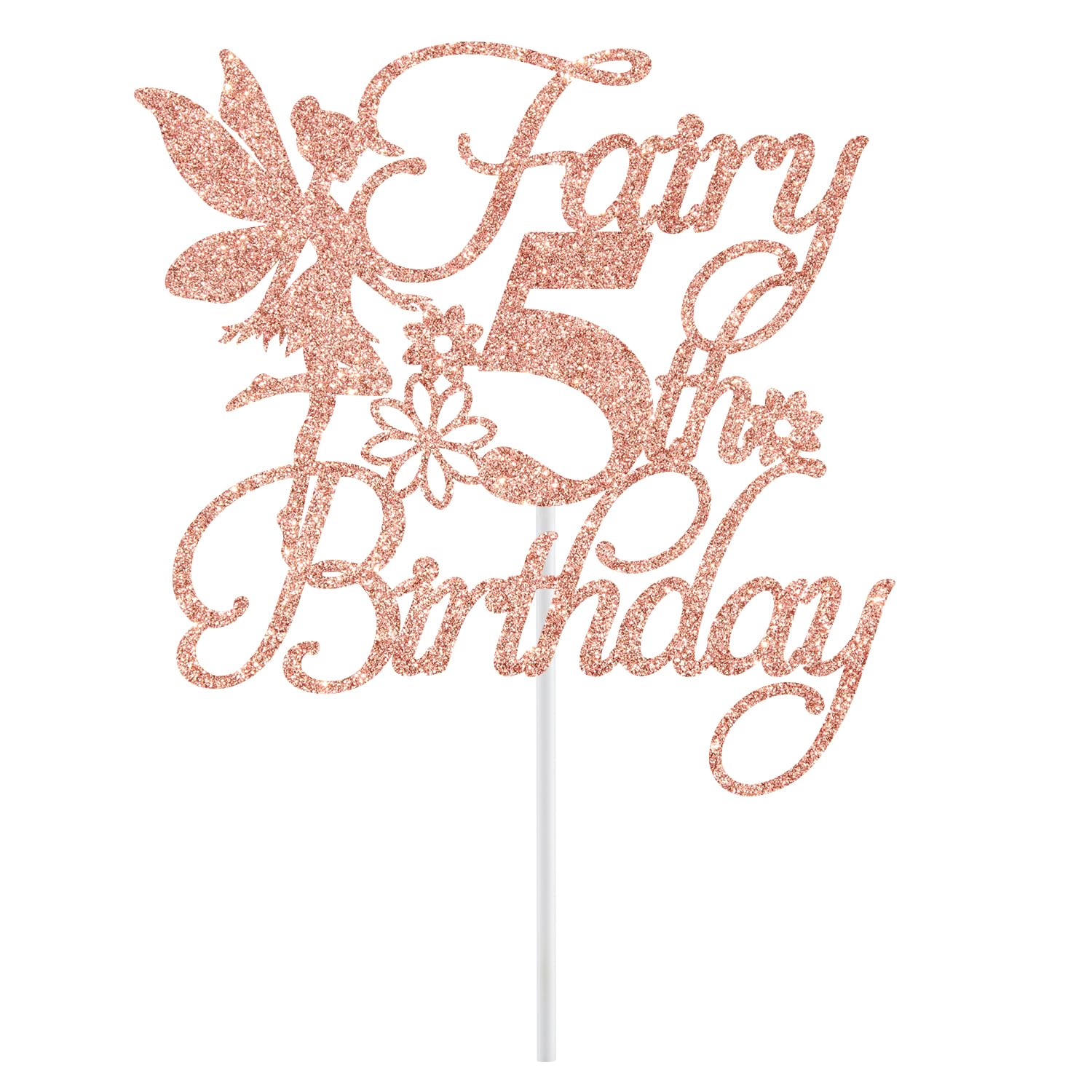 Fairy 5th Birthday Cake Topper, Fairy Happy 5th Birthday Decorations, Girls 5th Birthday Cake Decor, Floral Fairy Birthday Party Decorations, Rose Gold Glitter - Image 2 thumbnail