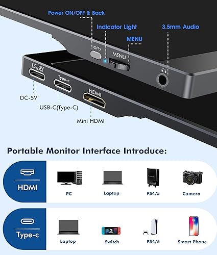 Miniatura 7 de COOLHOOD Monitor portátil de 15.6 pulgadas, 1080P FHD Plug & Play Monitor de viaje con cubierta inteligente, pantalla de segunda computadora