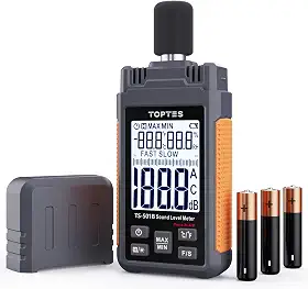 Medidor de decibéis, medidor de nível de som TopTes TS-501B com display LCD retroiluminado de 2,25', ponderado por A/C, faixa de 30-130dB, retenção de dados, uso doméstico, fábrica - laranja