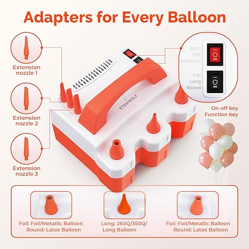 Miniatura 6 de ETENWOLF Bomba eléctrica de globos P600 para todos los globos con 3 boquillas 110V 600W soplador de globos para fiestas de látex metálico 260q