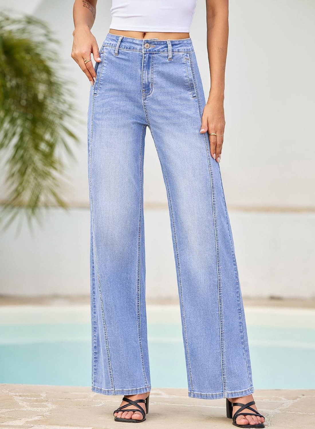 EVALESS Women's High Waisted Wide Leg Jeans Stretchy Boyfriend Loose Straight Denim Pants - Image 2