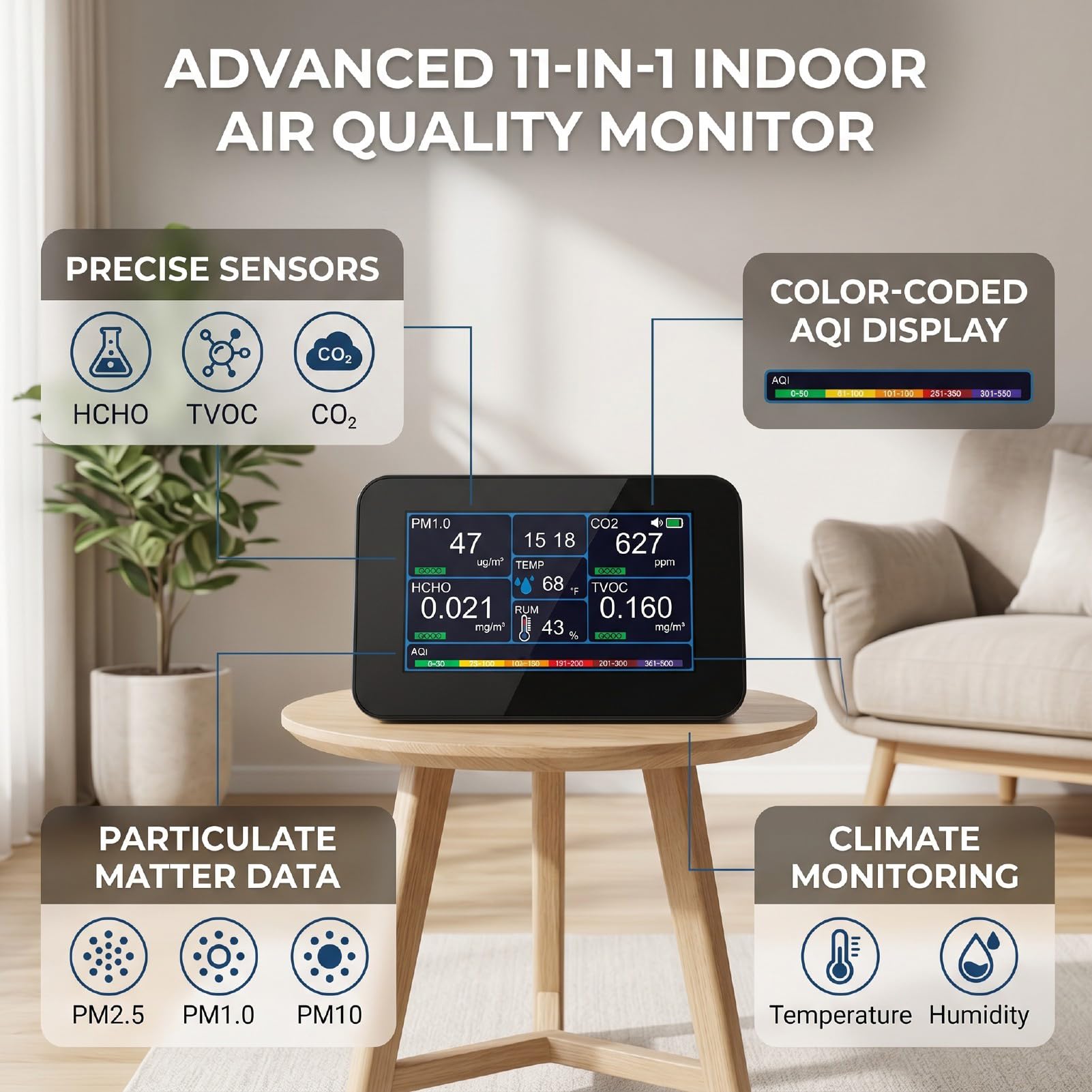 Generic Monitor de Calidad del Aire 11 en 1 para Información sobre Salud, Detección de CO2 HCHO PM2.5 en la Oficina en el Hogar, Probador Portátil Recargable con Pantalla de 4,3"