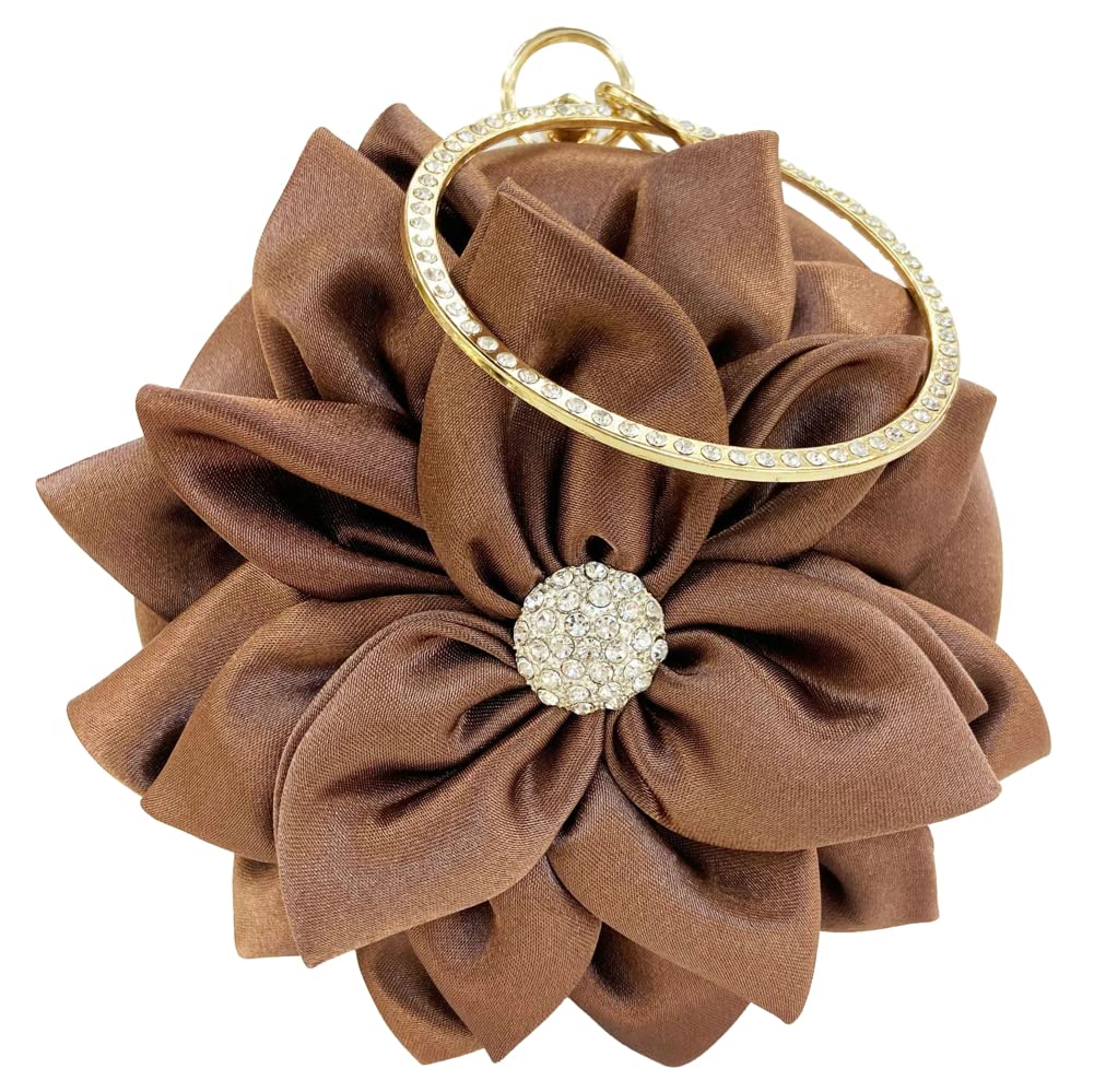 ObosoyoWomen Flower Shaped Rhinestone Clutch Soft Satin Wristlet Handbag Round Purse Wedding Party Purse Clutch Evening Bag