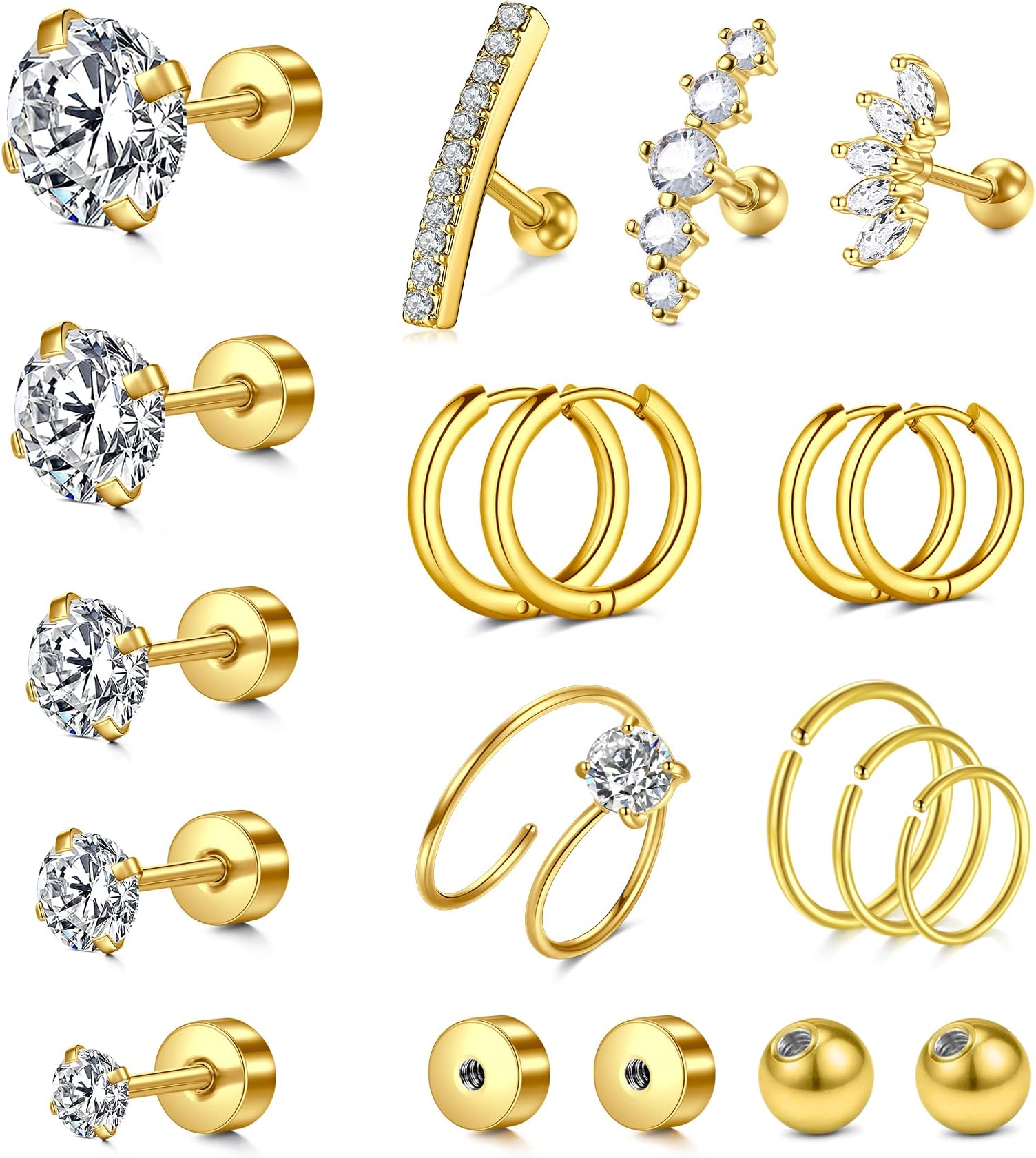 20g 16g Cartilage Earrings for Women Silver Gold Helix Piercing Jewelry Surgical Steel Hypoallergenic Flat Back Earrings Cartilage Hoop for Women Forward Helix Earring Tragus Jewelry Screw Back